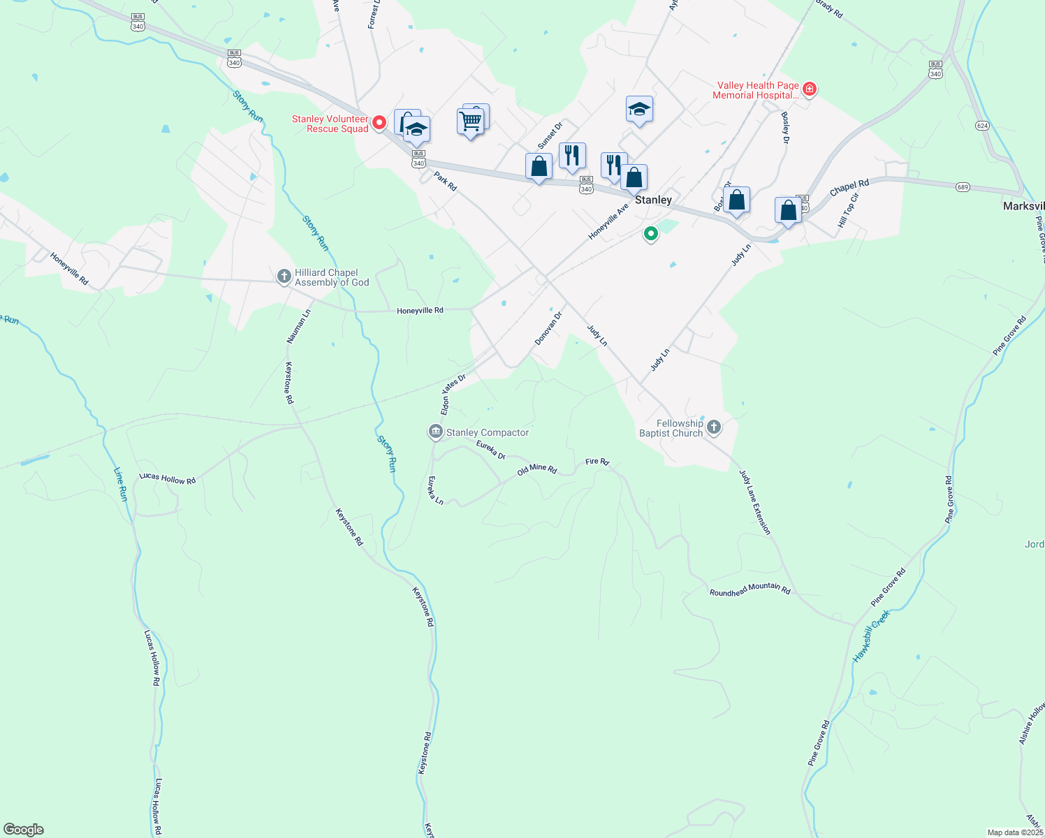 map of restaurants, bars, coffee shops, grocery stores, and more near 204 Little Roundhead Drive in Stanley