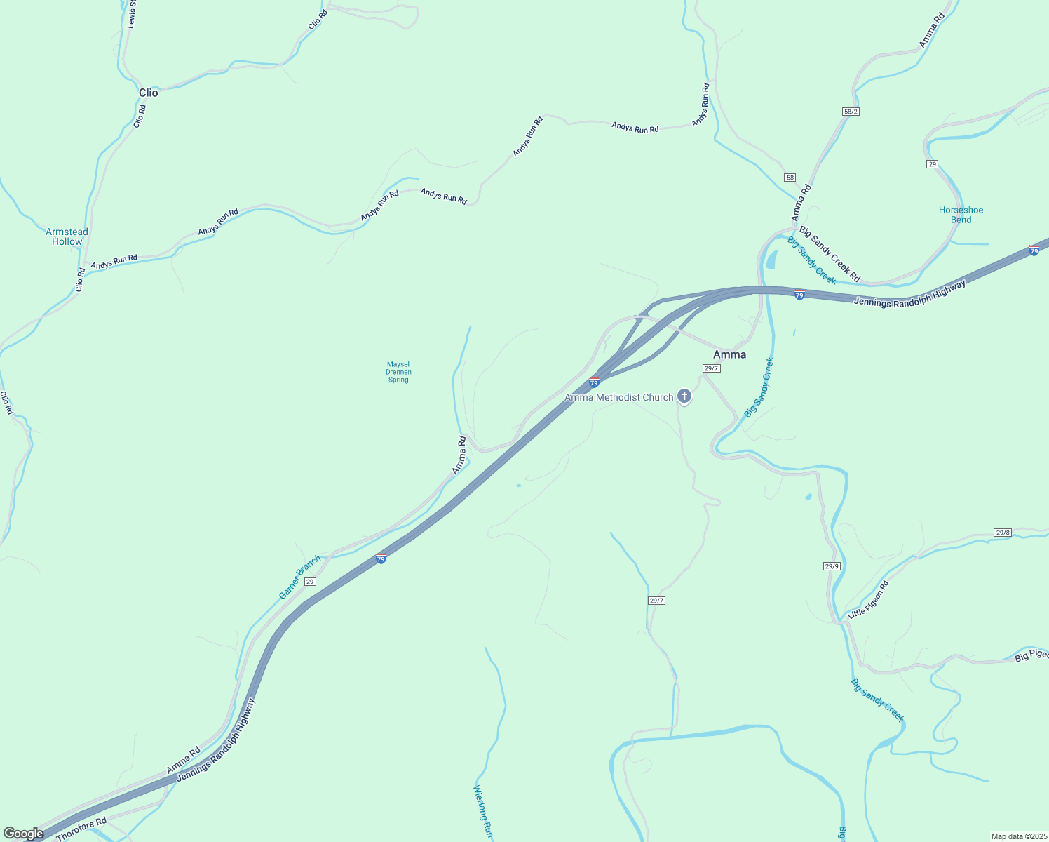 map of restaurants, bars, coffee shops, grocery stores, and more near 2931 Amma Road in Clendenin