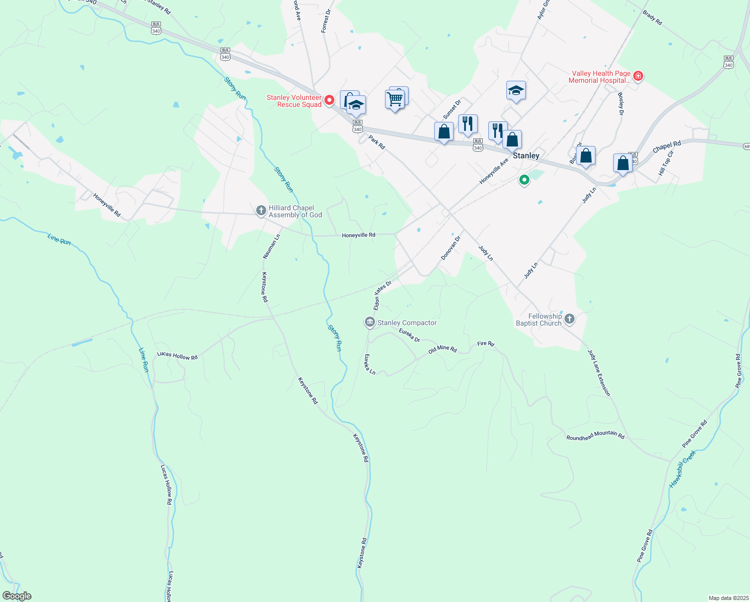 map of restaurants, bars, coffee shops, grocery stores, and more near 566 Eldon Yates Drive in Stanley