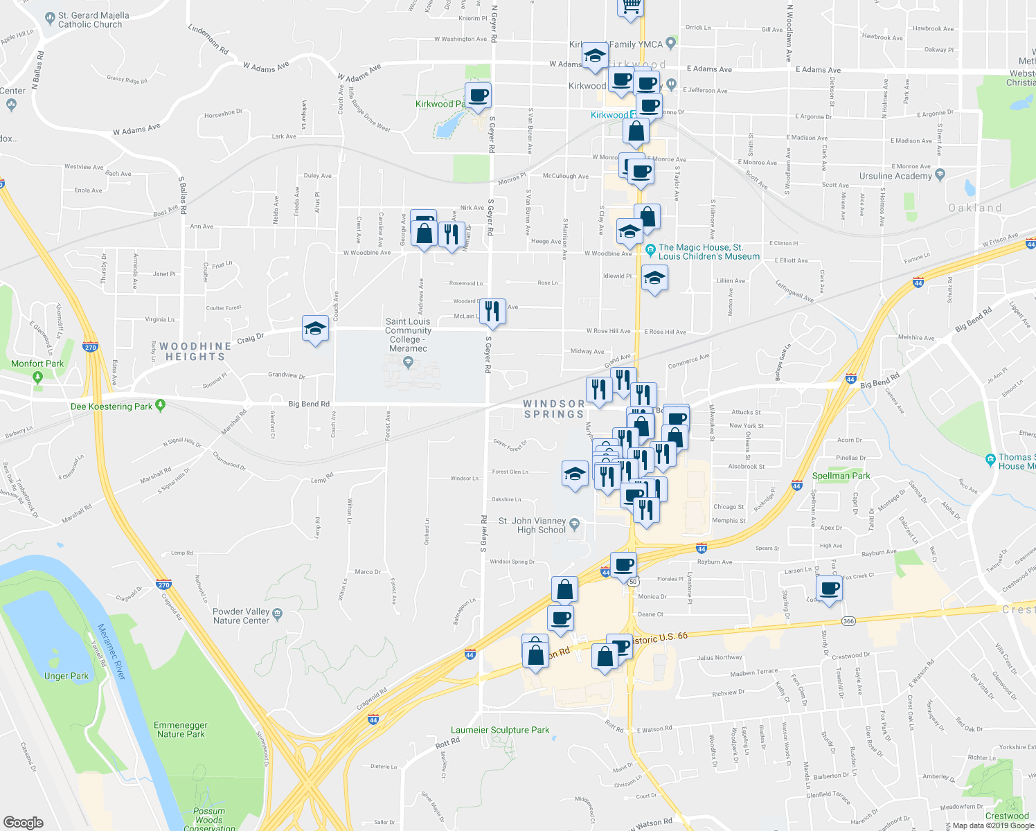 map of restaurants, bars, coffee shops, grocery stores, and more near 1007 Maeville Drive in Kirkwood