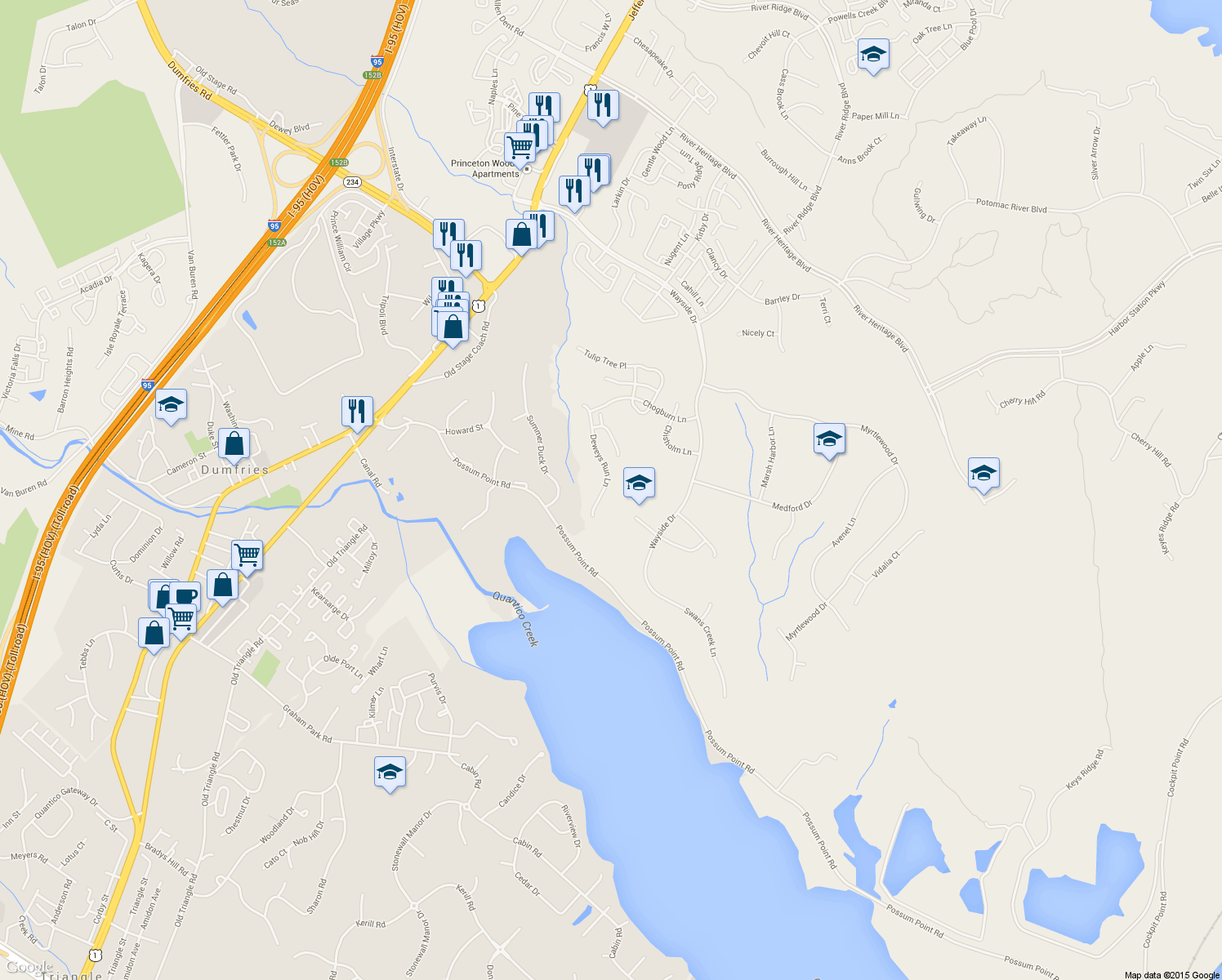 map of restaurants, bars, coffee shops, grocery stores, and more near 17633 Deweys Run Lane in Dumfries