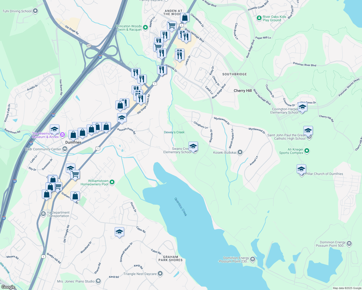 map of restaurants, bars, coffee shops, grocery stores, and more near 17618 Deweys Run Lane in Dumfries