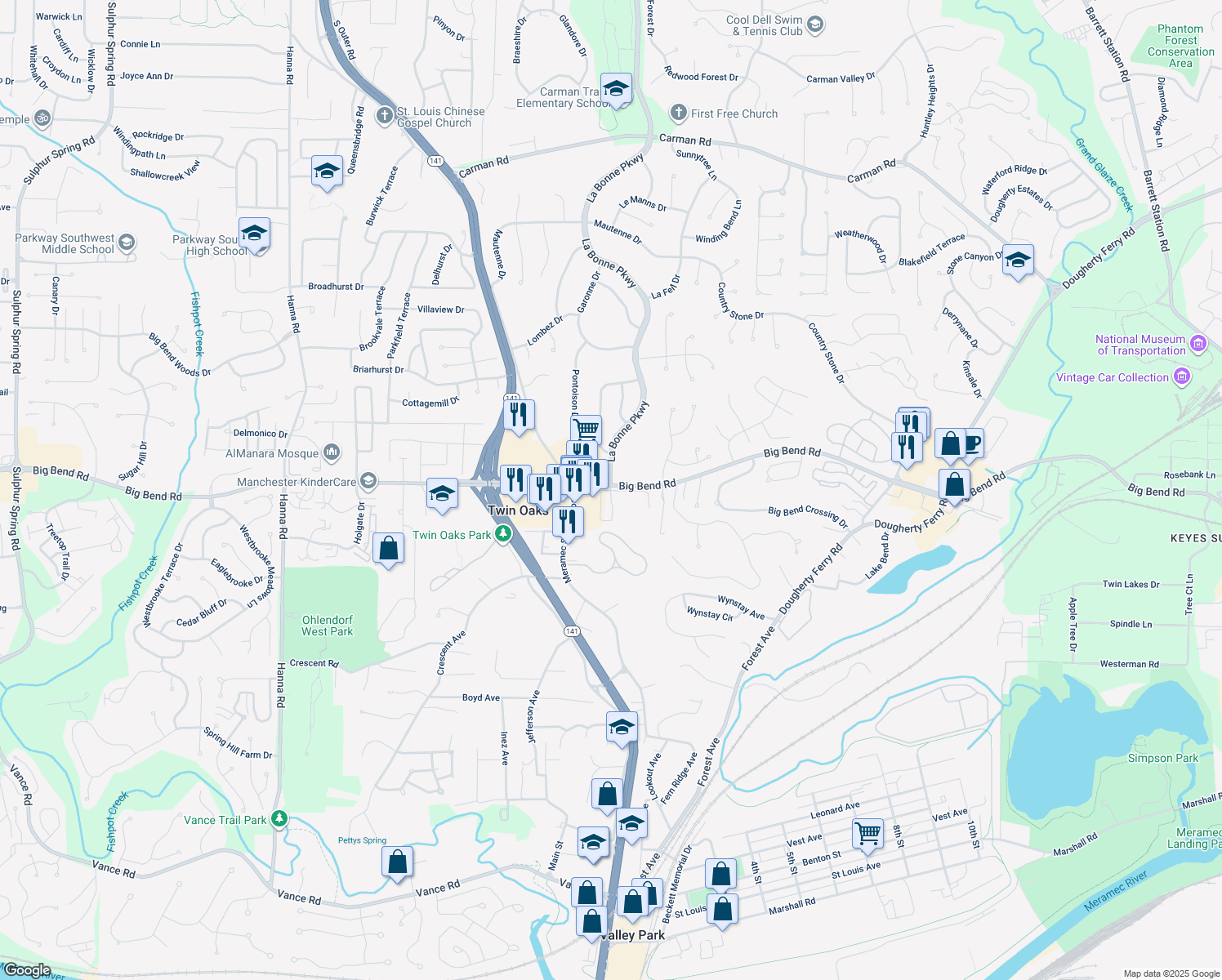 map of restaurants, bars, coffee shops, grocery stores, and more near Stoney Meadows Drive in Manchester