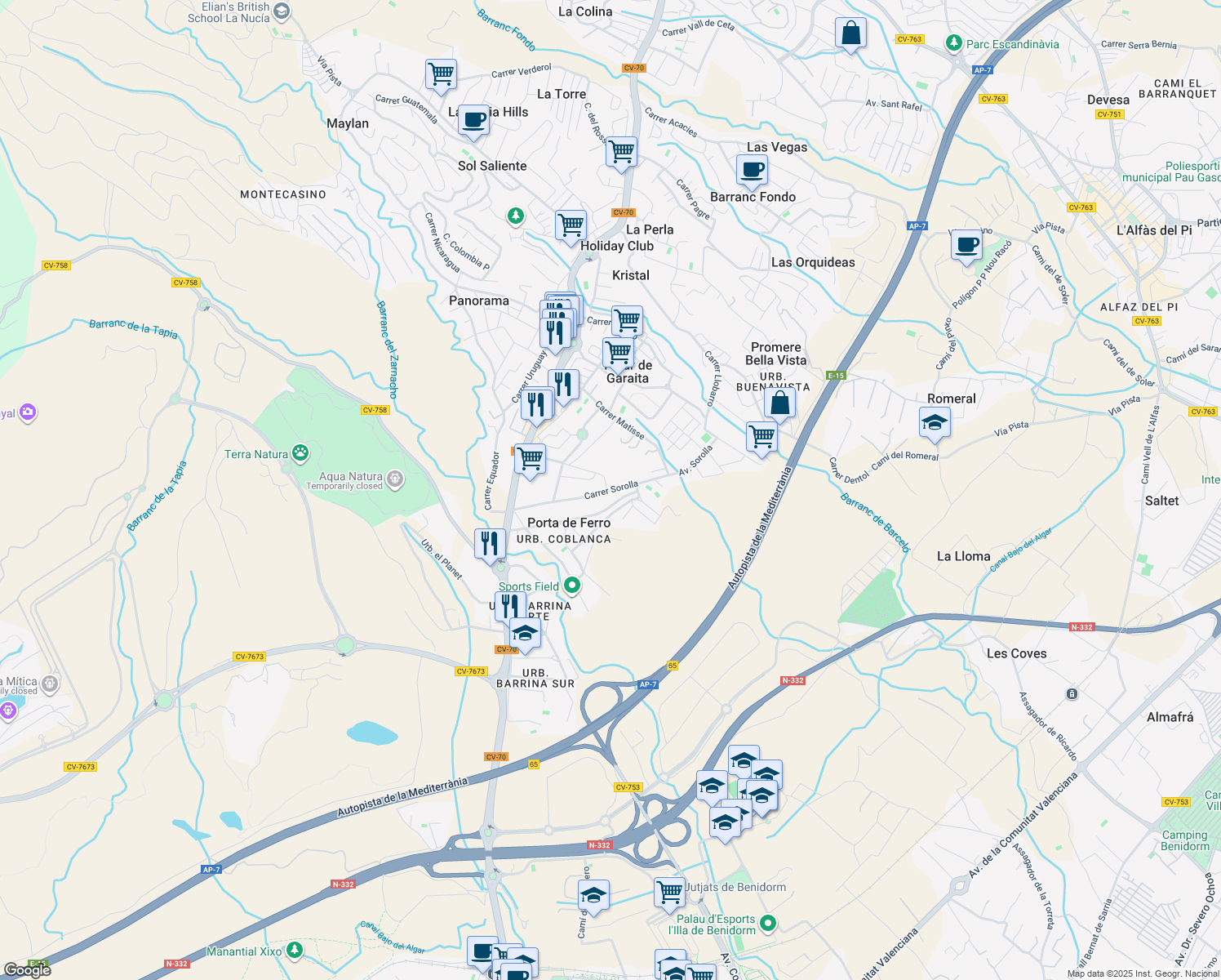 map of restaurants, bars, coffee shops, grocery stores, and more near Carrer Sorolla in Alicante