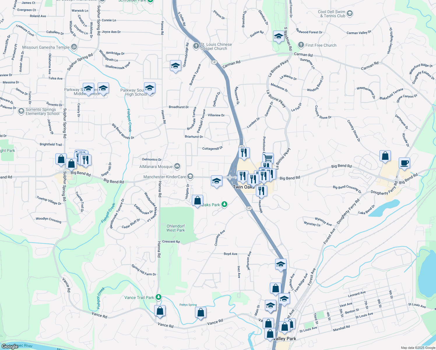 map of restaurants, bars, coffee shops, grocery stores, and more near 1227 Big Bend Road in Ballwin
