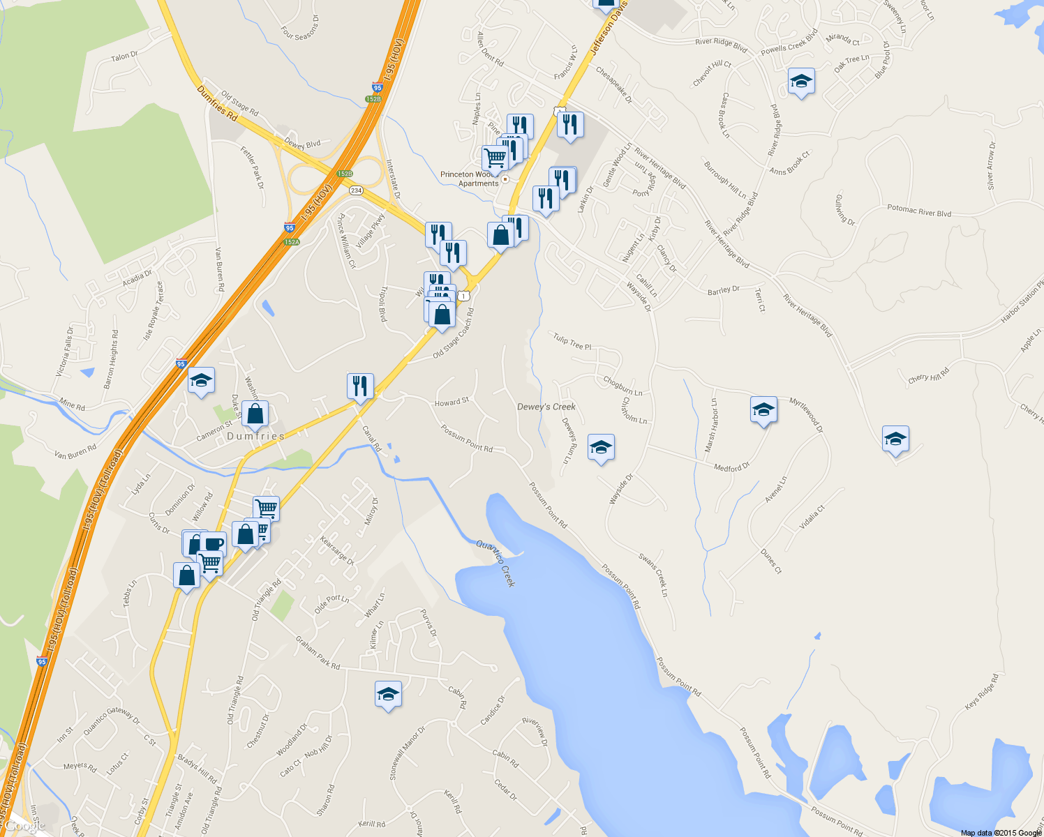 map of restaurants, bars, coffee shops, grocery stores, and more near 17583 Summer Duck Drive in Dumfries