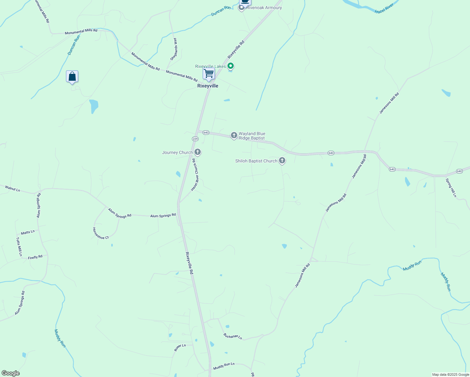 map of restaurants, bars, coffee shops, grocery stores, and more near 9450 Forest Lane in Rixeyville