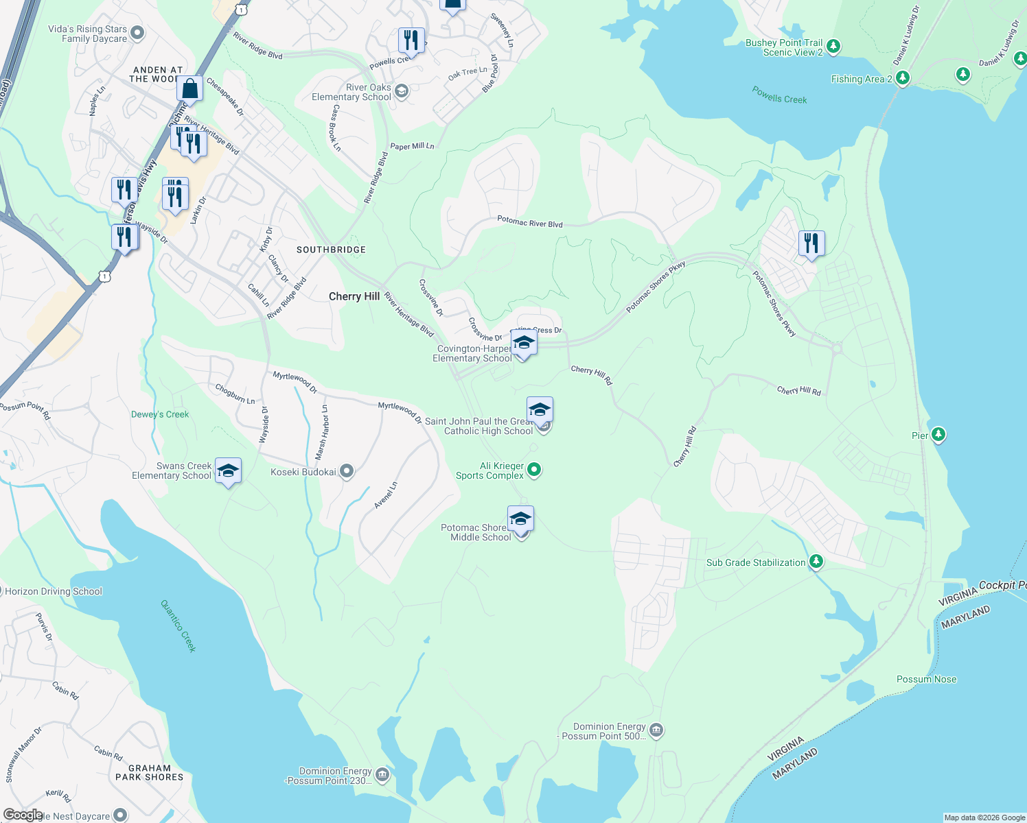 map of restaurants, bars, coffee shops, grocery stores, and more near 2311 Cherry Hill Road in Dumfries