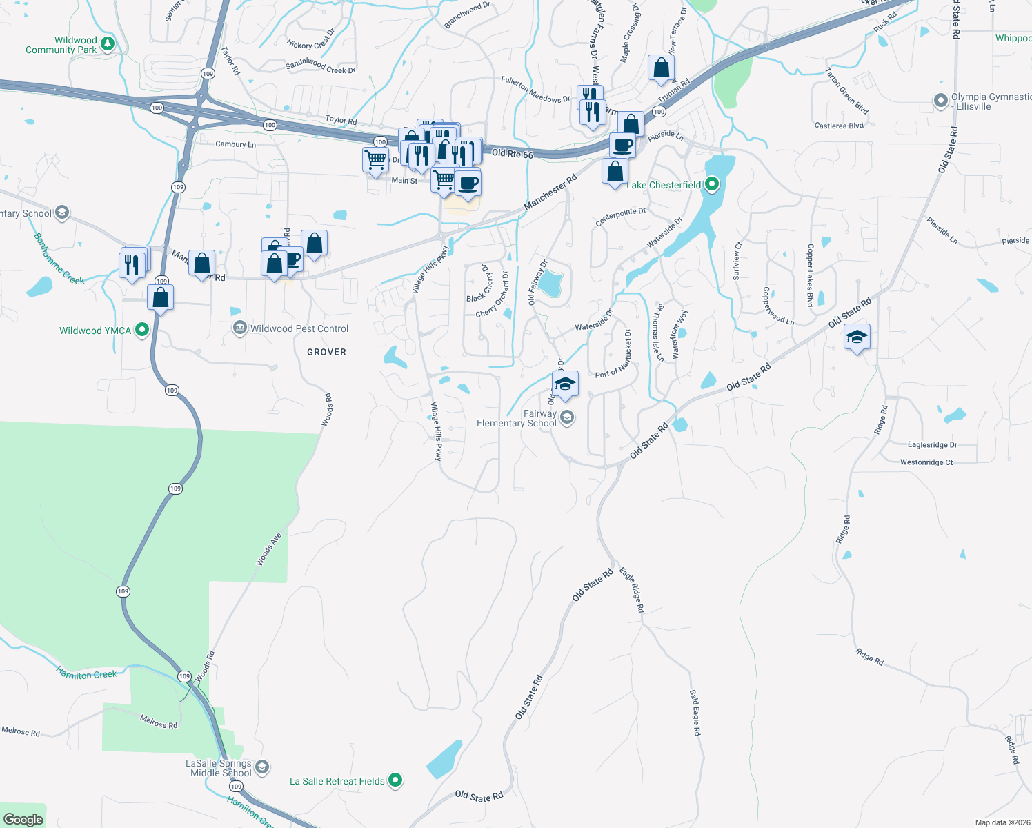 map of restaurants, bars, coffee shops, grocery stores, and more near 437 Blackwolf Run Drive in Wildwood