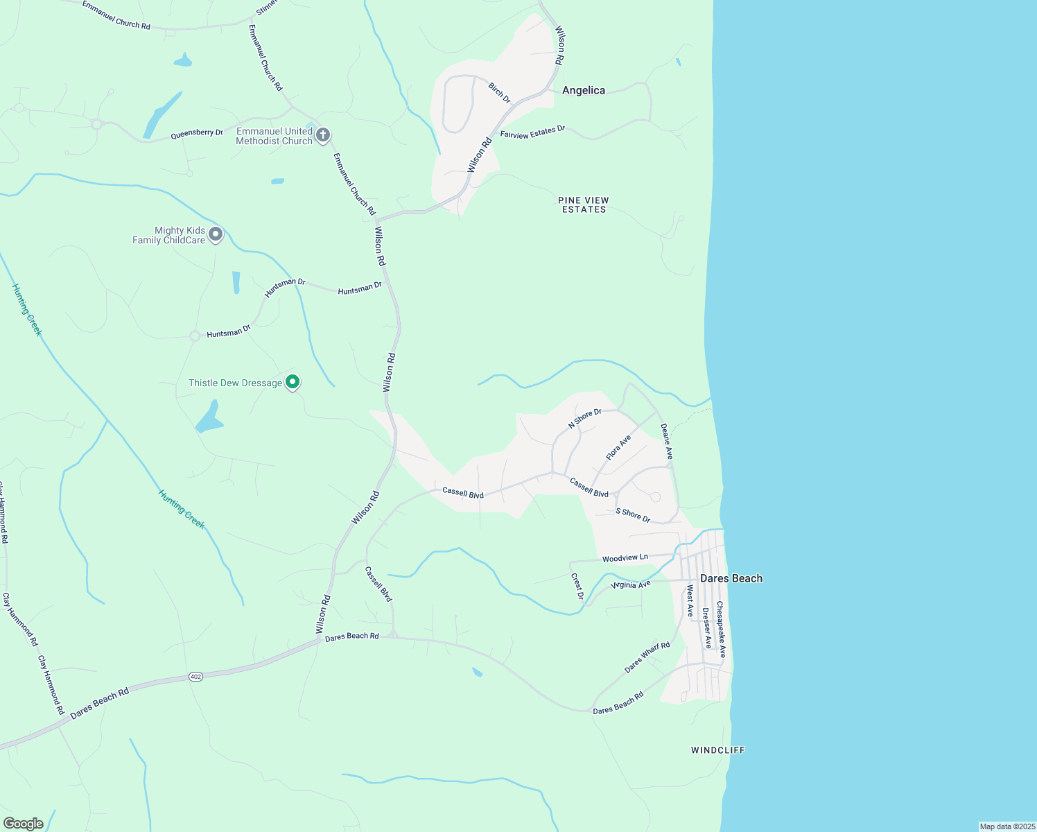 map of restaurants, bars, coffee shops, grocery stores, and more near 4222 North Shore Drive in Prince Frederick