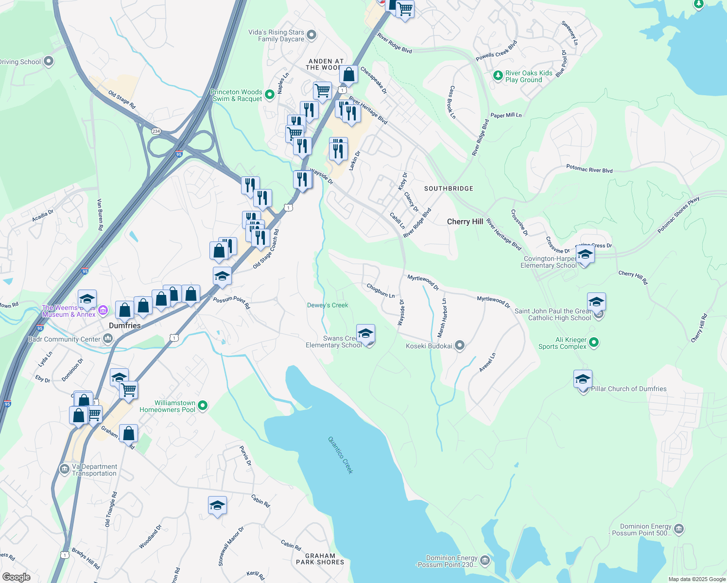 map of restaurants, bars, coffee shops, grocery stores, and more near 17532 October Glory Loop in Dumfries