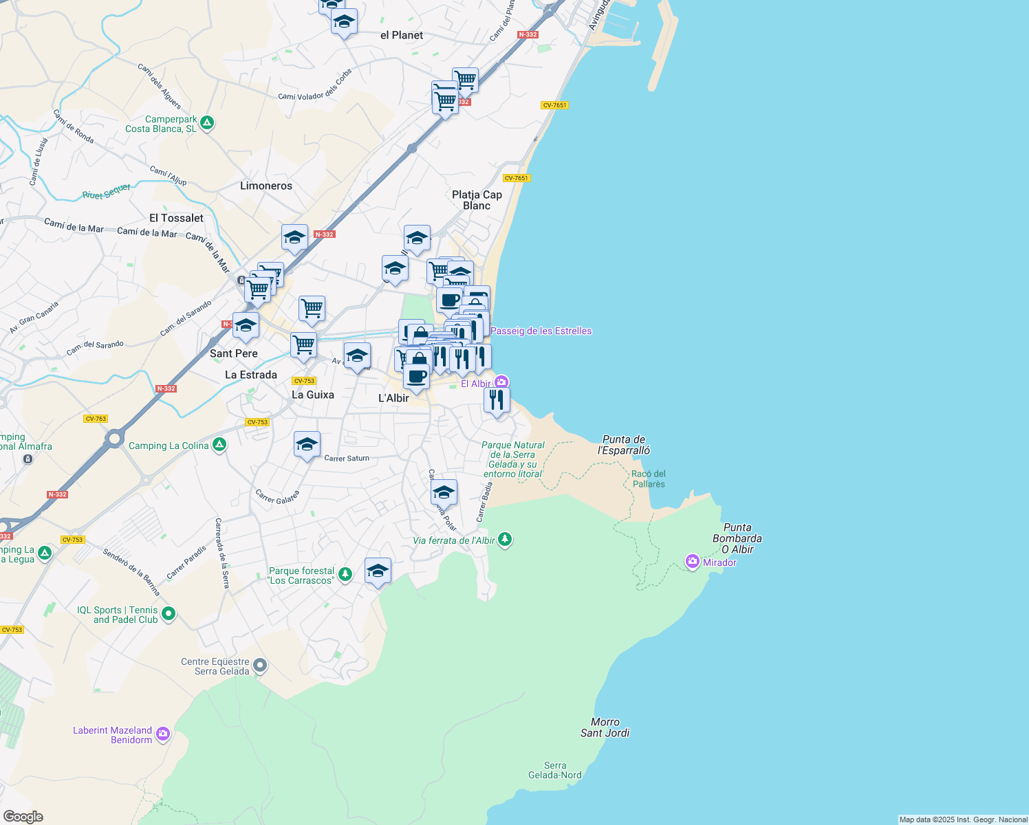 map of restaurants, bars, coffee shops, grocery stores, and more near 23 Camí Vell del Far in l'Alfàs del Pi
