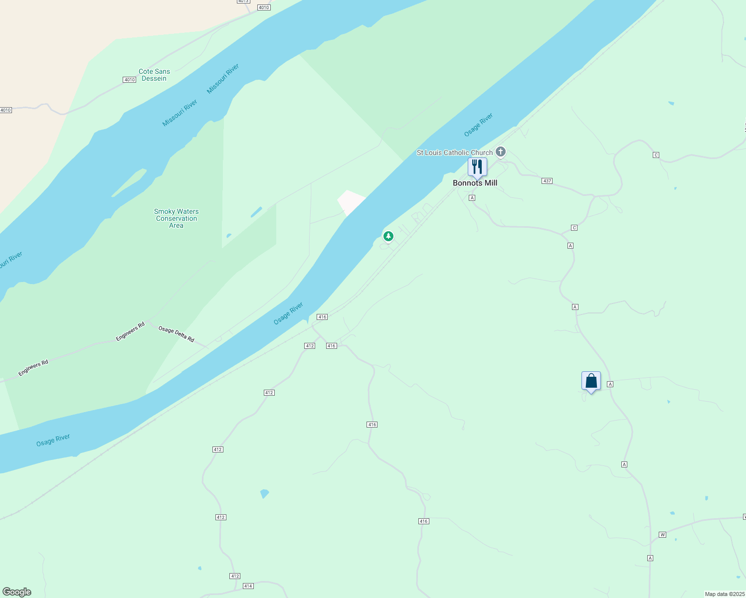 map of restaurants, bars, coffee shops, grocery stores, and more near 1385 County Road 416 in Bonnots Mill