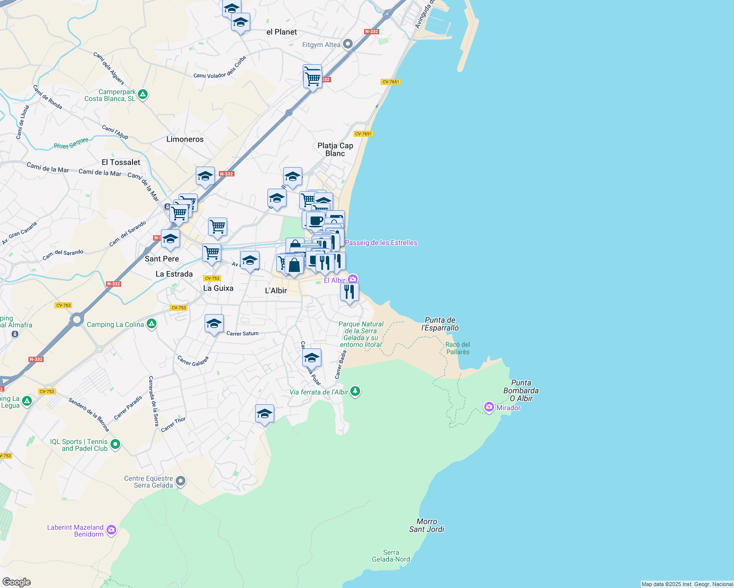 map of restaurants, bars, coffee shops, grocery stores, and more near 23 Camí Vell del Far in l'Alfàs del Pi