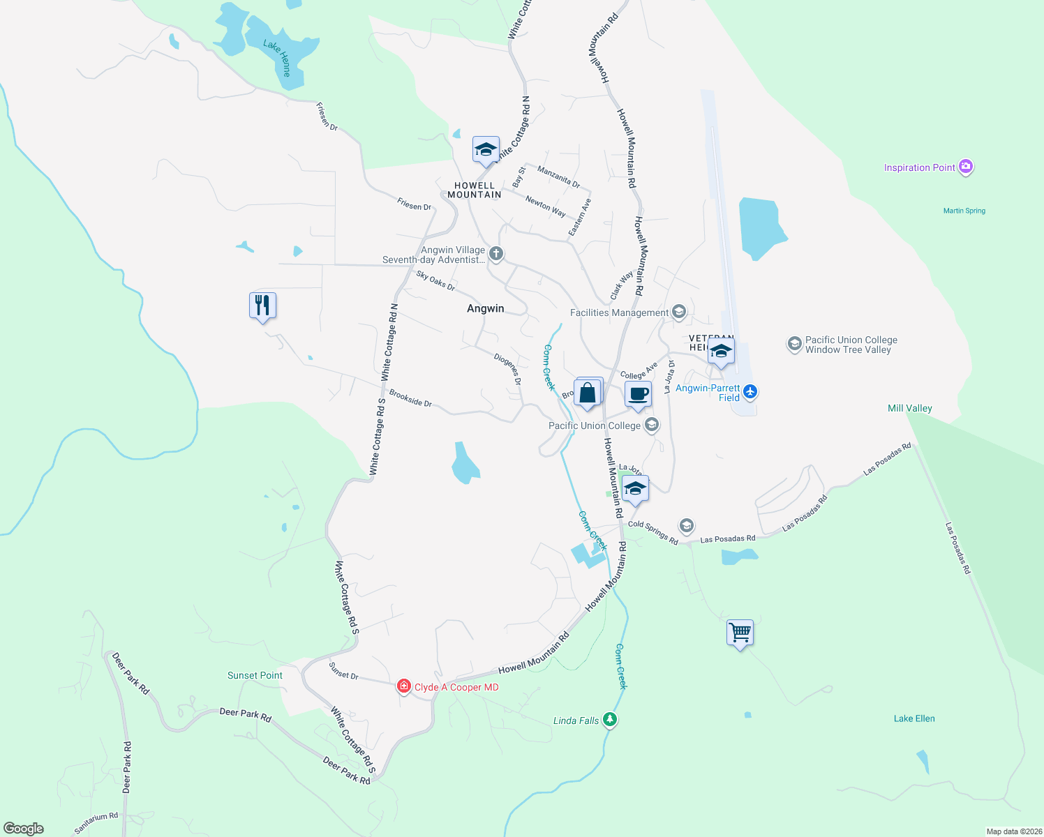map of restaurants, bars, coffee shops, grocery stores, and more near 285 Brookside Drive in Angwin