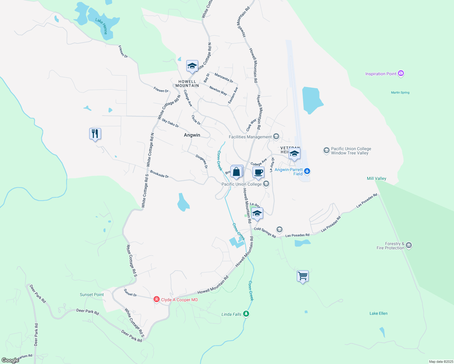 map of restaurants, bars, coffee shops, grocery stores, and more near 134 Brookside Dr in Angwin
