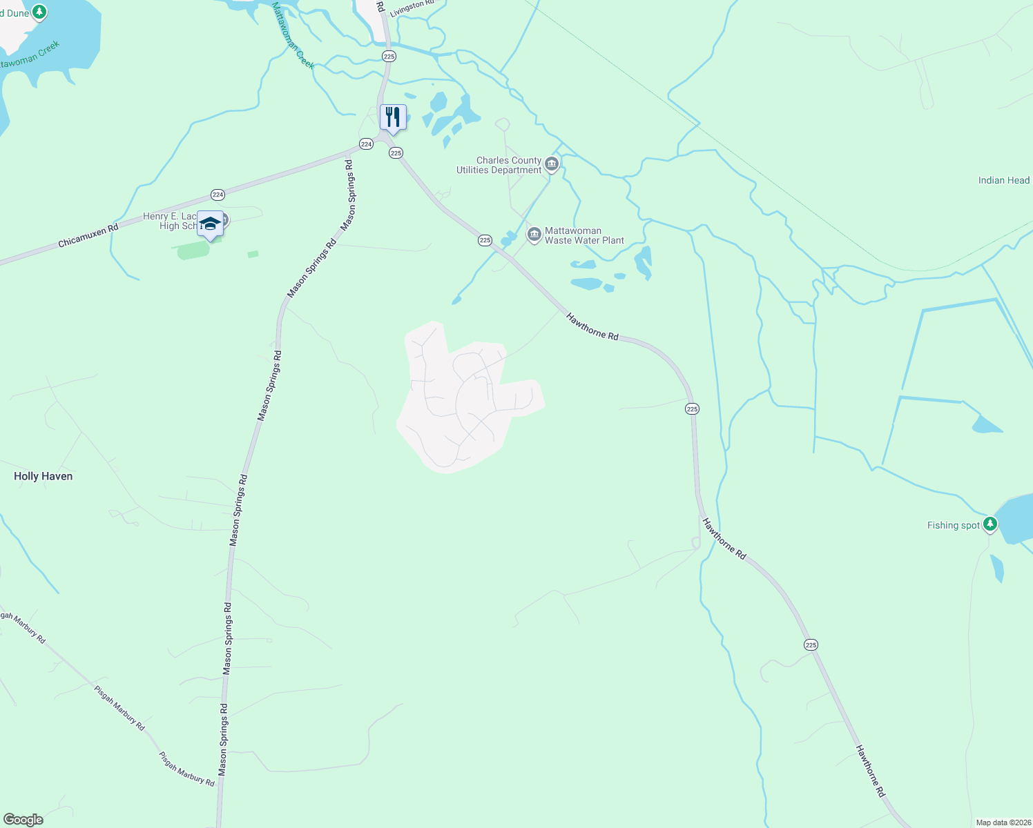 map of restaurants, bars, coffee shops, grocery stores, and more near 5795 Oak Forest Court in Indian Head