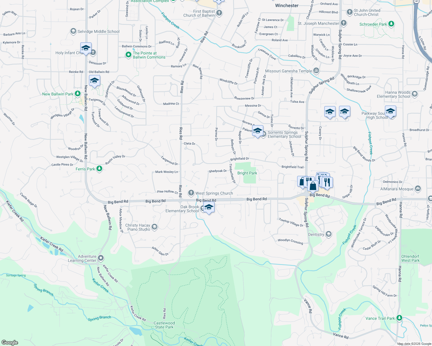 map of restaurants, bars, coffee shops, grocery stores, and more near 198 Shadyoak Drive in Ballwin