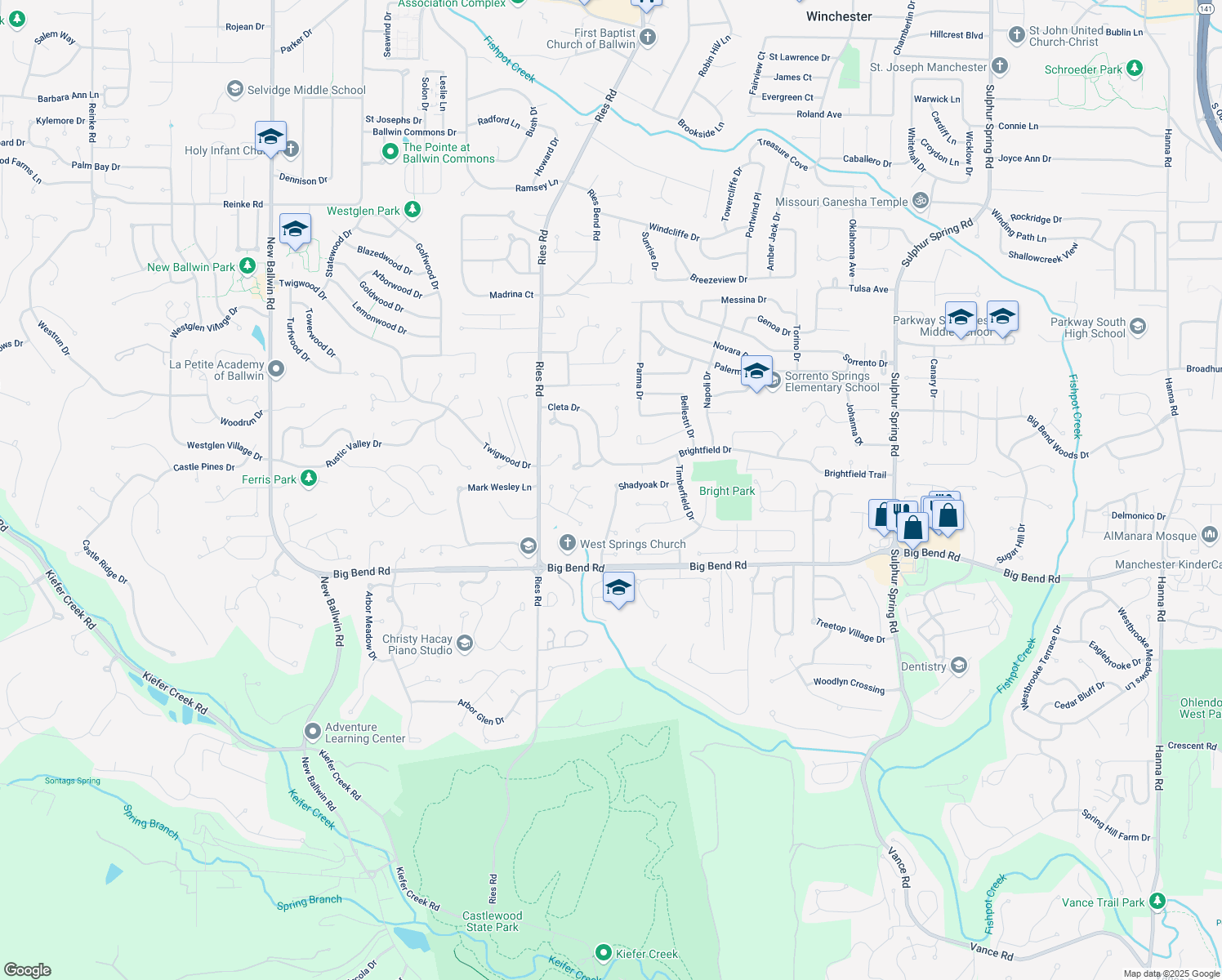 map of restaurants, bars, coffee shops, grocery stores, and more near 1105 Hollyberry Drive in Ballwin