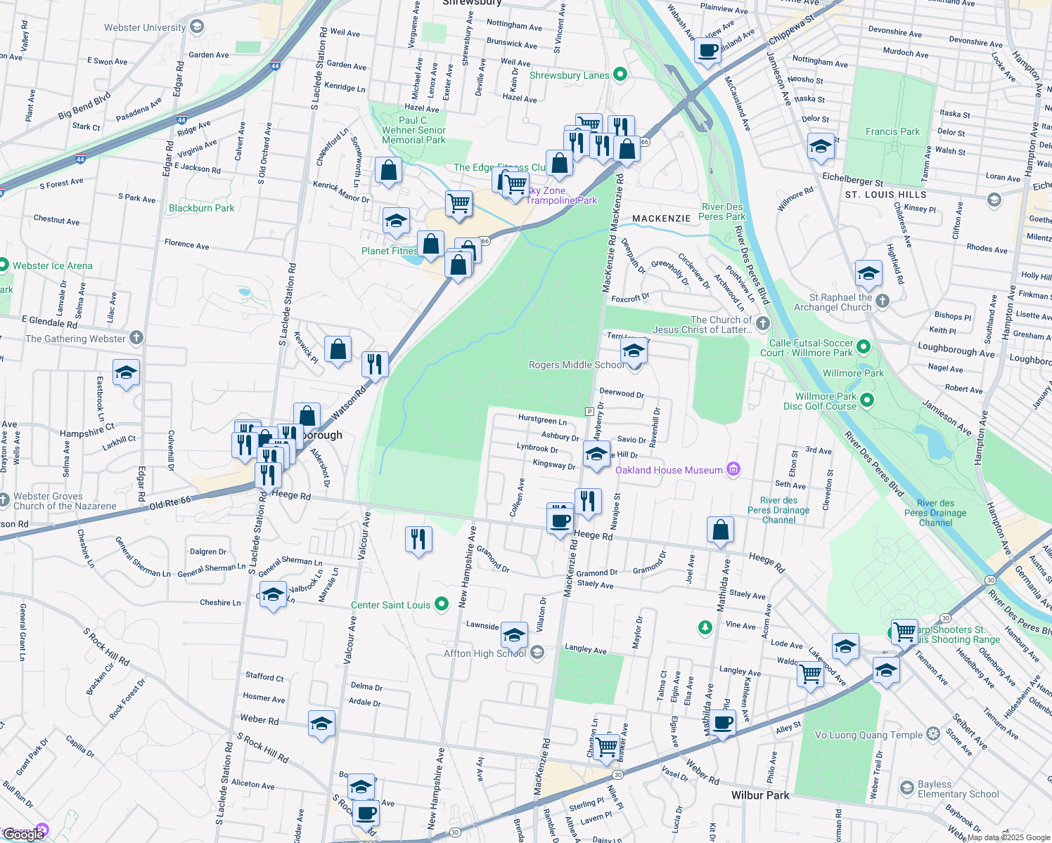 map of restaurants, bars, coffee shops, grocery stores, and more near 6600 Hurstgreen Lane in Saint Louis