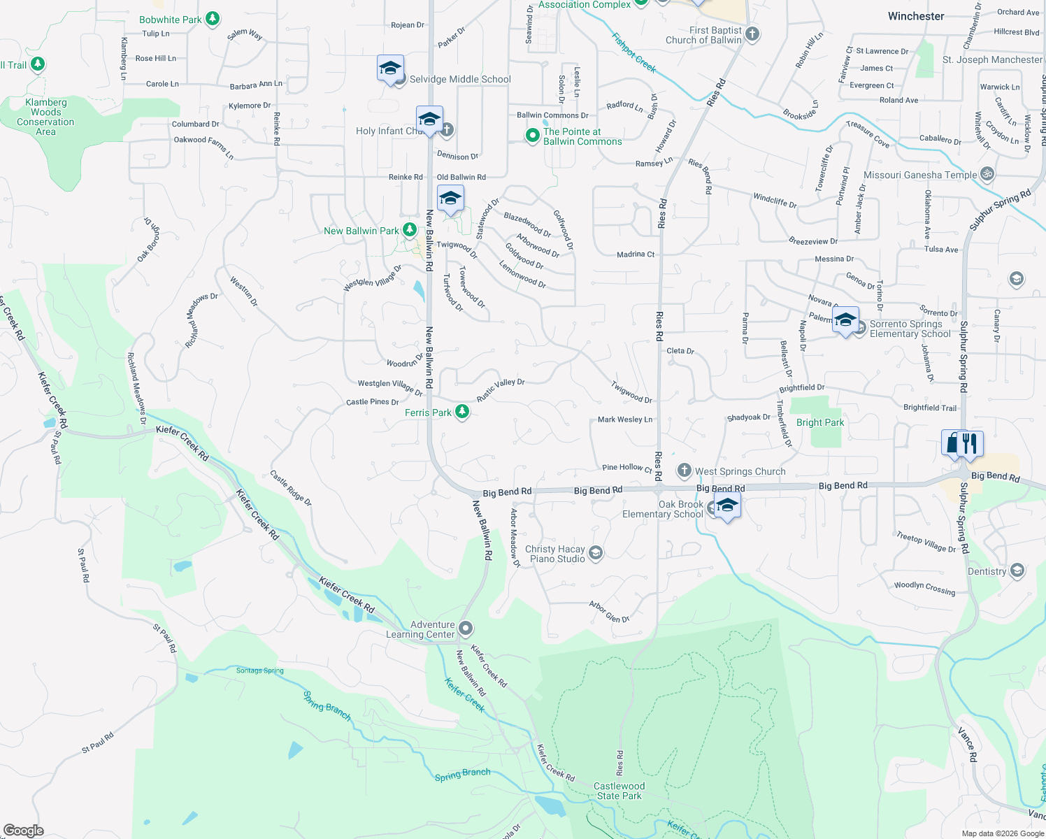 map of restaurants, bars, coffee shops, grocery stores, and more near 659 Clear Creek Court in Ballwin