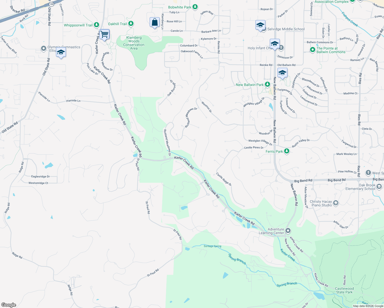 map of restaurants, bars, coffee shops, grocery stores, and more near 585 Wetherby Terrace Drive in Ballwin