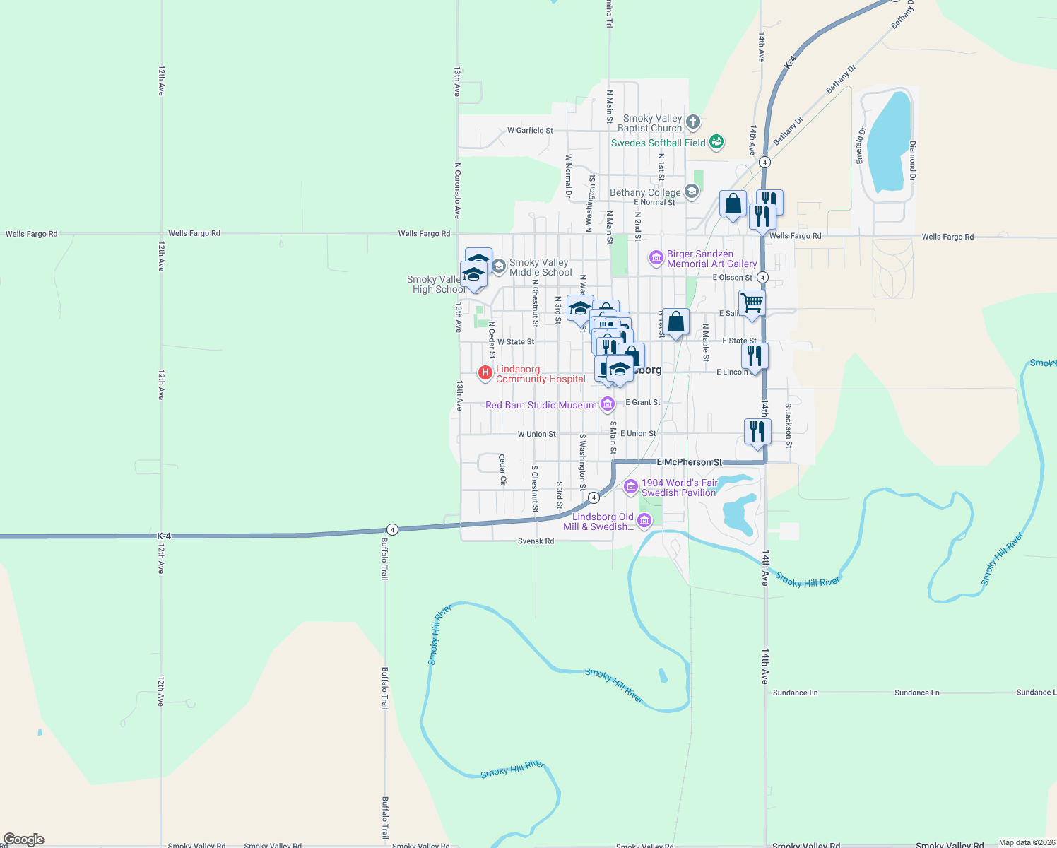 map of restaurants, bars, coffee shops, grocery stores, and more near 228 S Chestnut St in Lindsborg