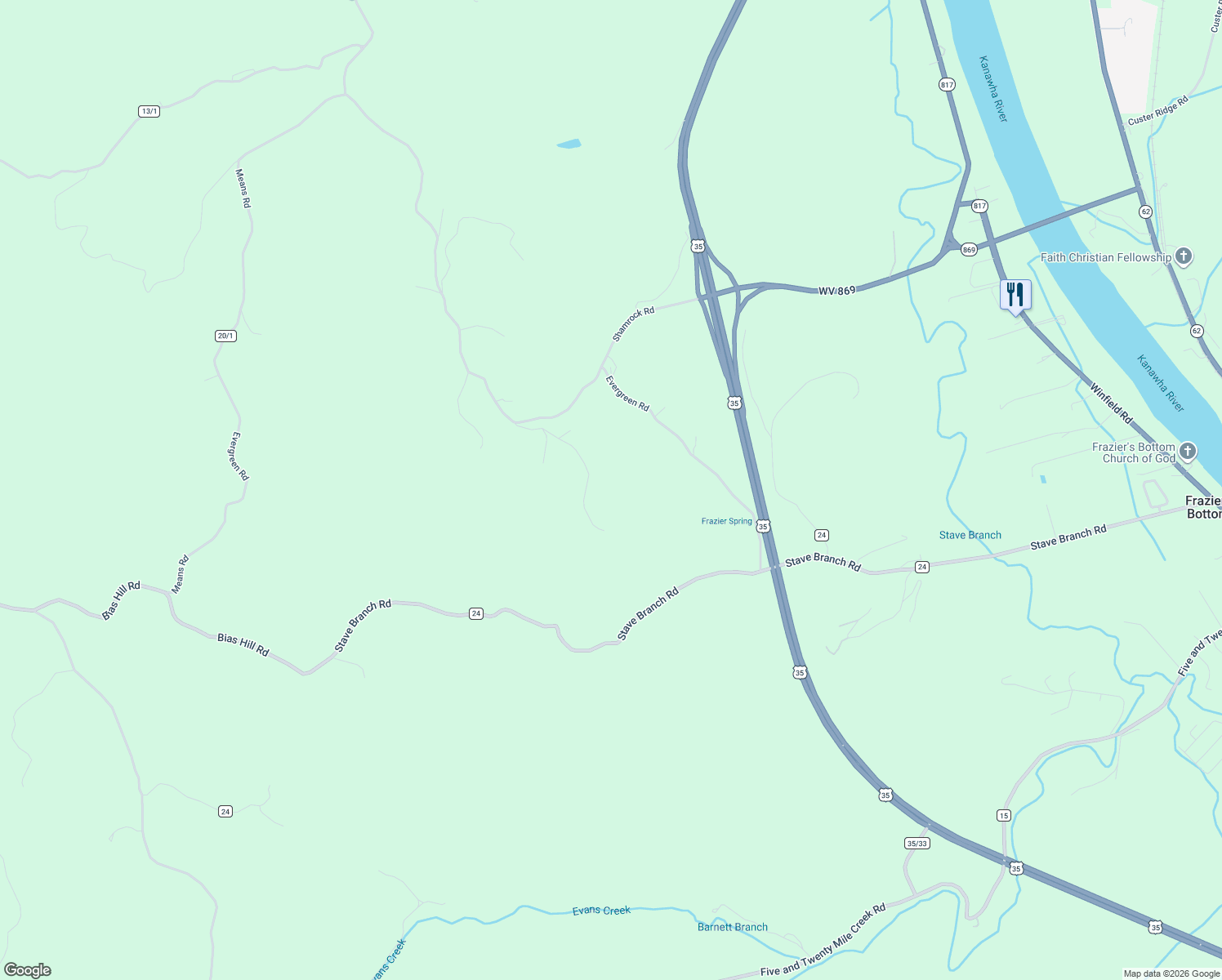 map of restaurants, bars, coffee shops, grocery stores, and more near 331 Sunshine Lane in Fraziers Bottom