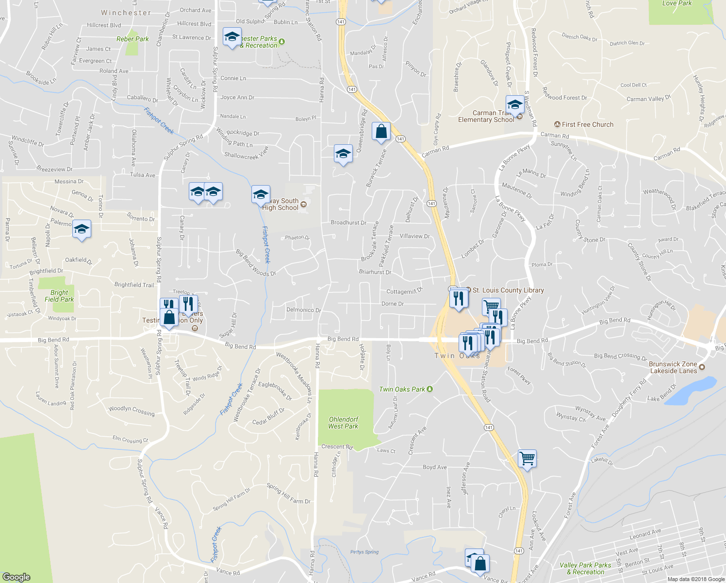 map of restaurants, bars, coffee shops, grocery stores, and more near 1108 Holgate Drive in Ballwin