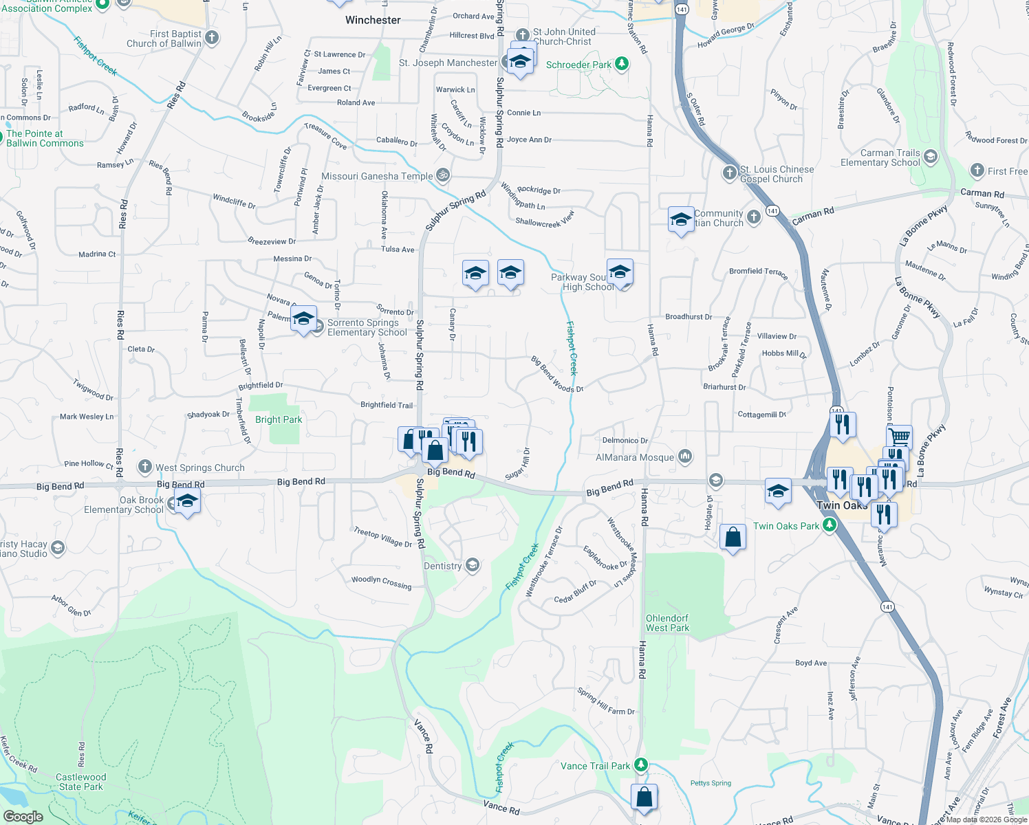 map of restaurants, bars, coffee shops, grocery stores, and more near 706 Shallowford Drive in Ballwin