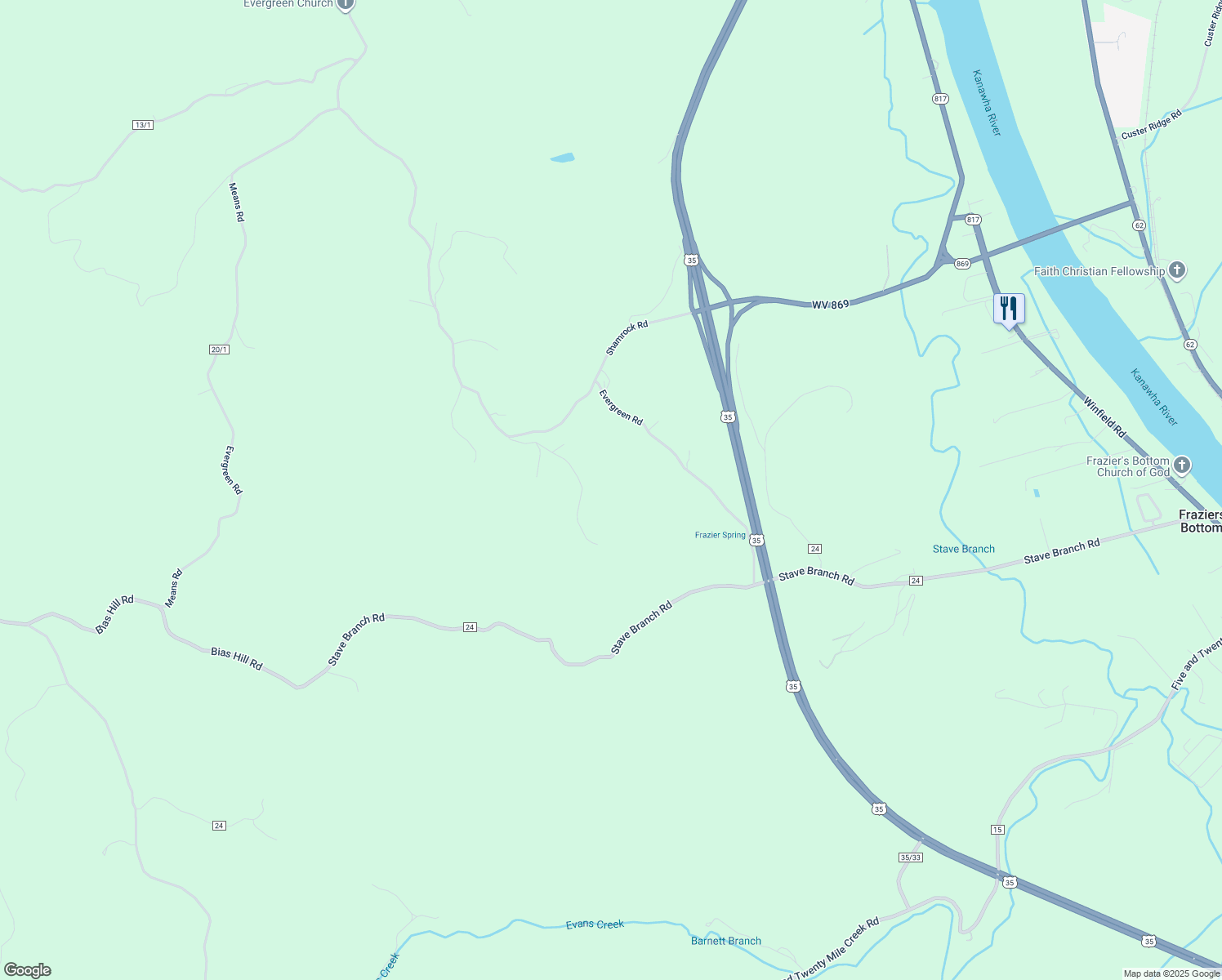 map of restaurants, bars, coffee shops, grocery stores, and more near 331 Sunshine Lane in Fraziers Bottom