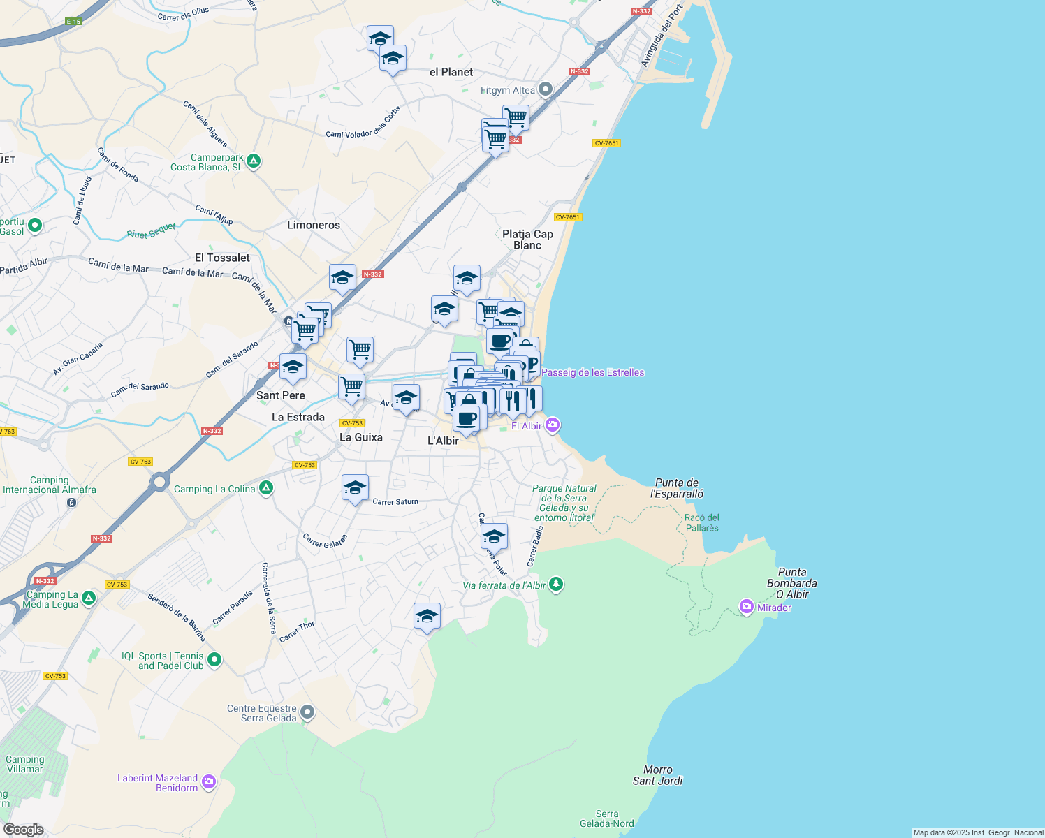 map of restaurants, bars, coffee shops, grocery stores, and more near 11 Carrer Andròmeda in l'Alfàs del Pi