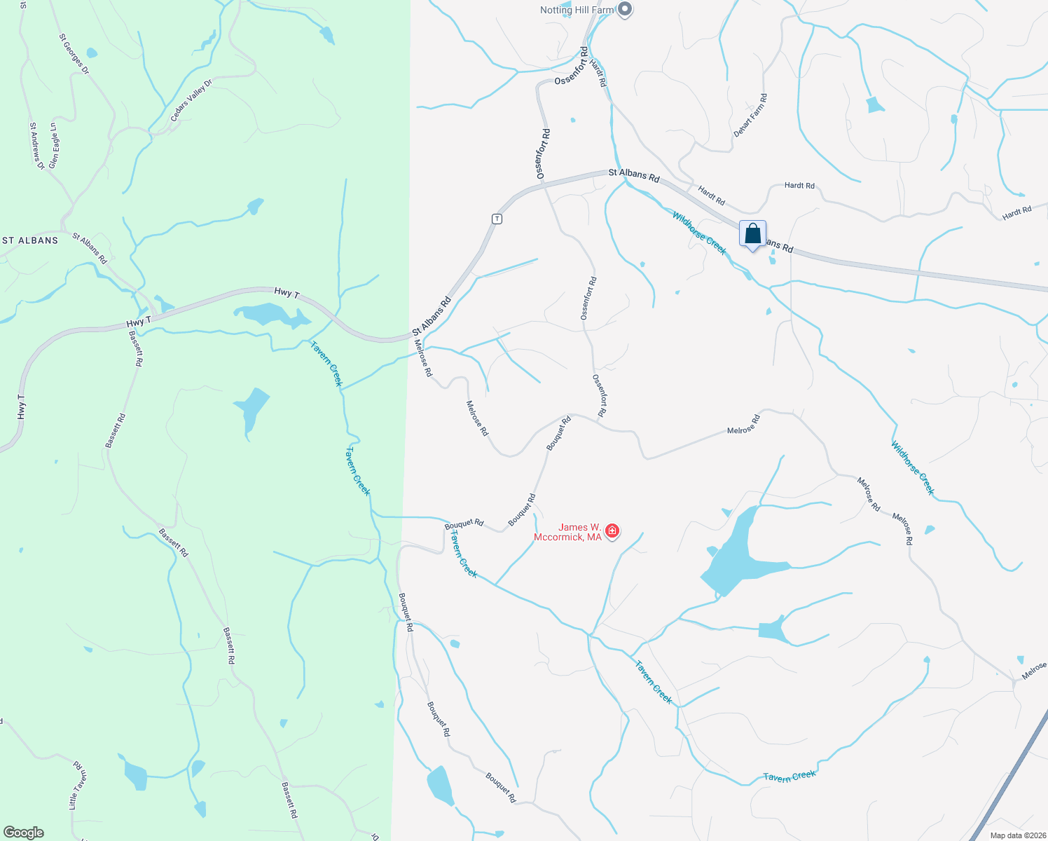 map of restaurants, bars, coffee shops, grocery stores, and more near 19575 Melrose Road in Wildwood