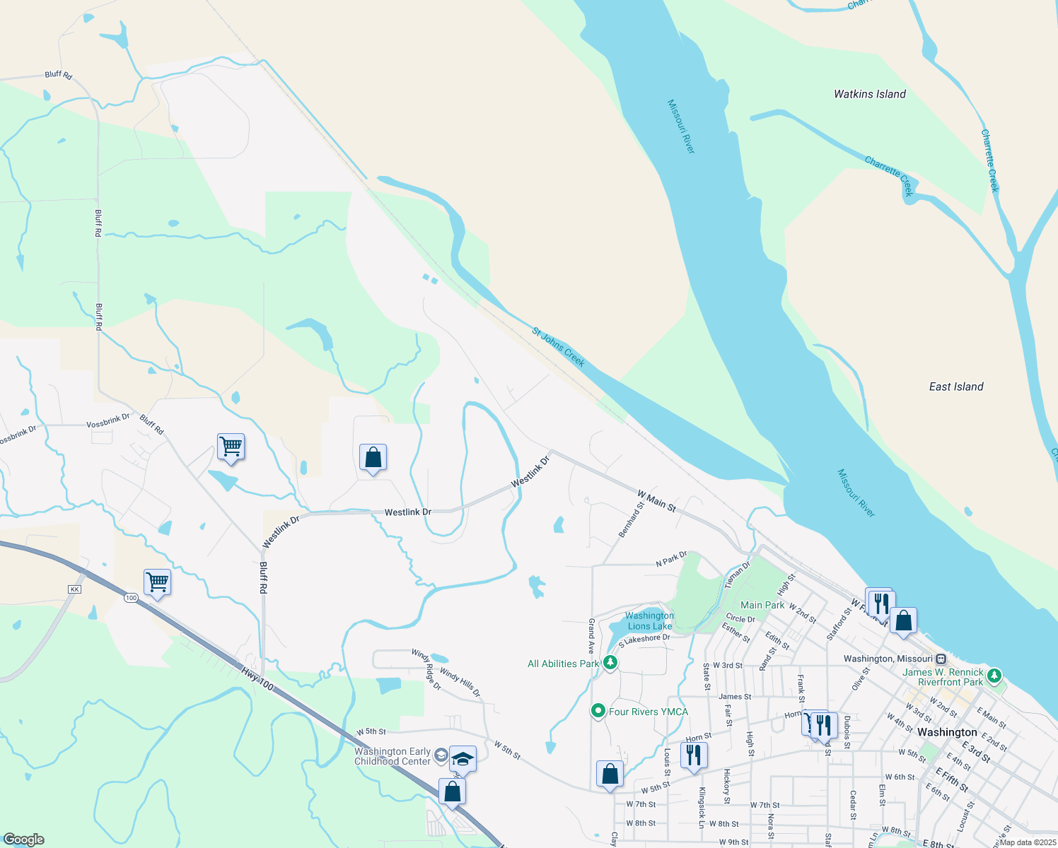map of restaurants, bars, coffee shops, grocery stores, and more near 1701 West Main Street in Washington