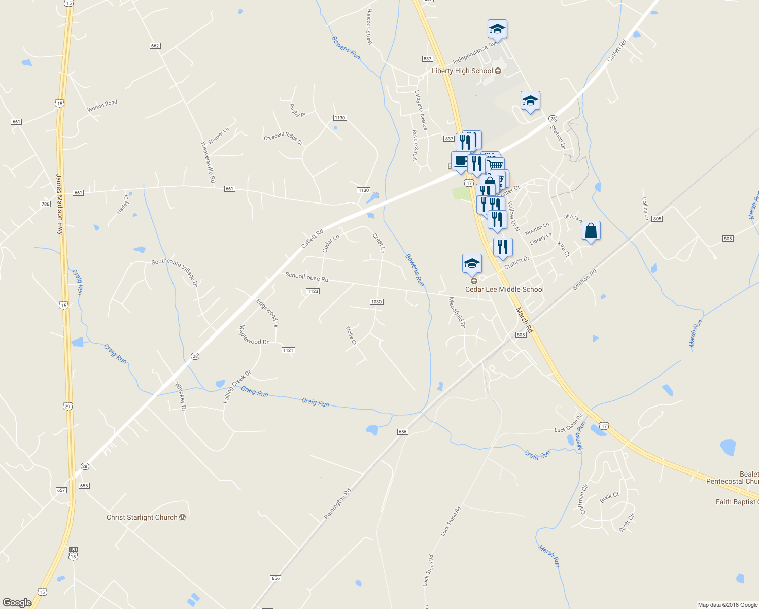 map of restaurants, bars, coffee shops, grocery stores, and more near 11215 Crest Lane in Bealeton