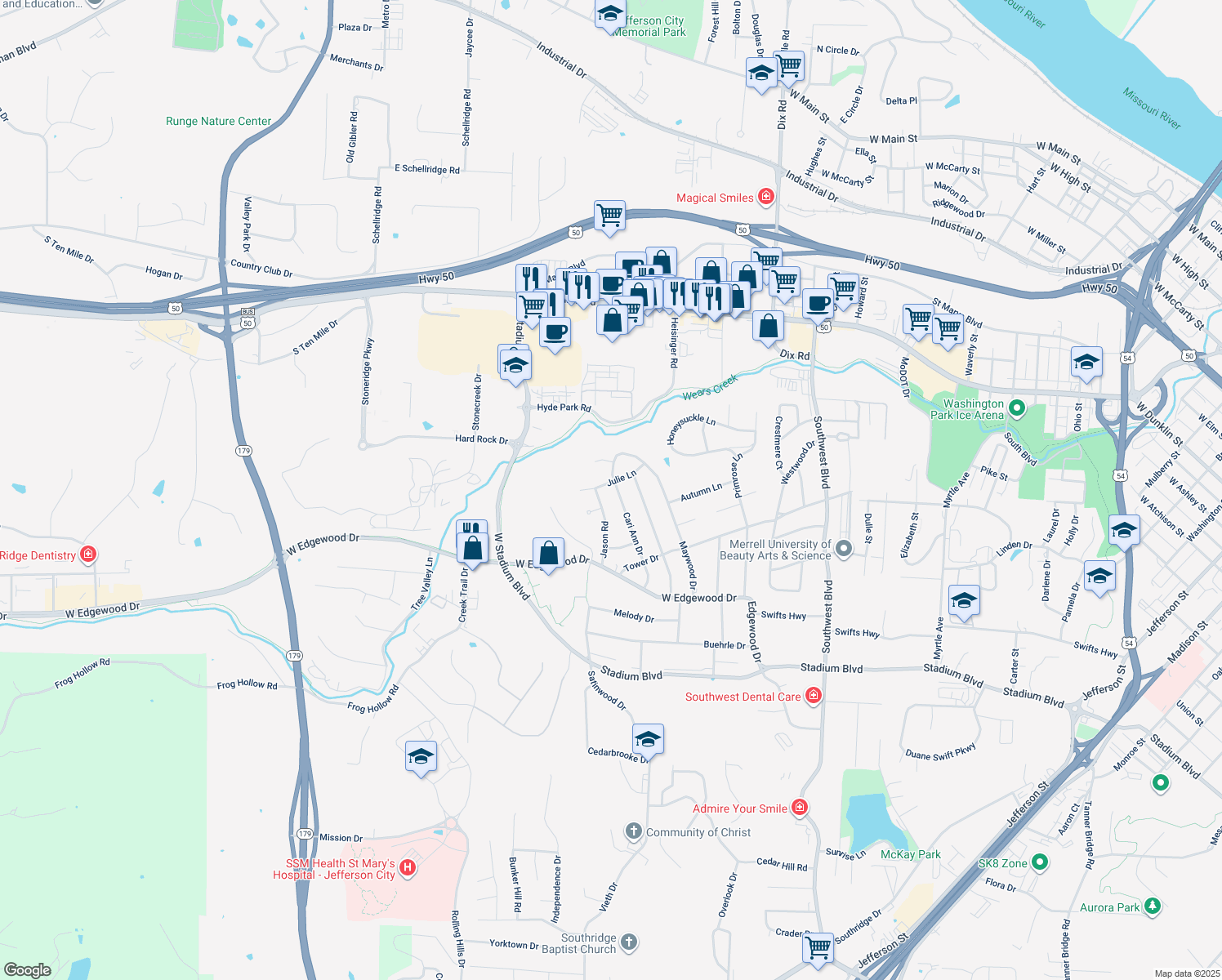 map of restaurants, bars, coffee shops, grocery stores, and more near 2201 Julie Lane in Jefferson City