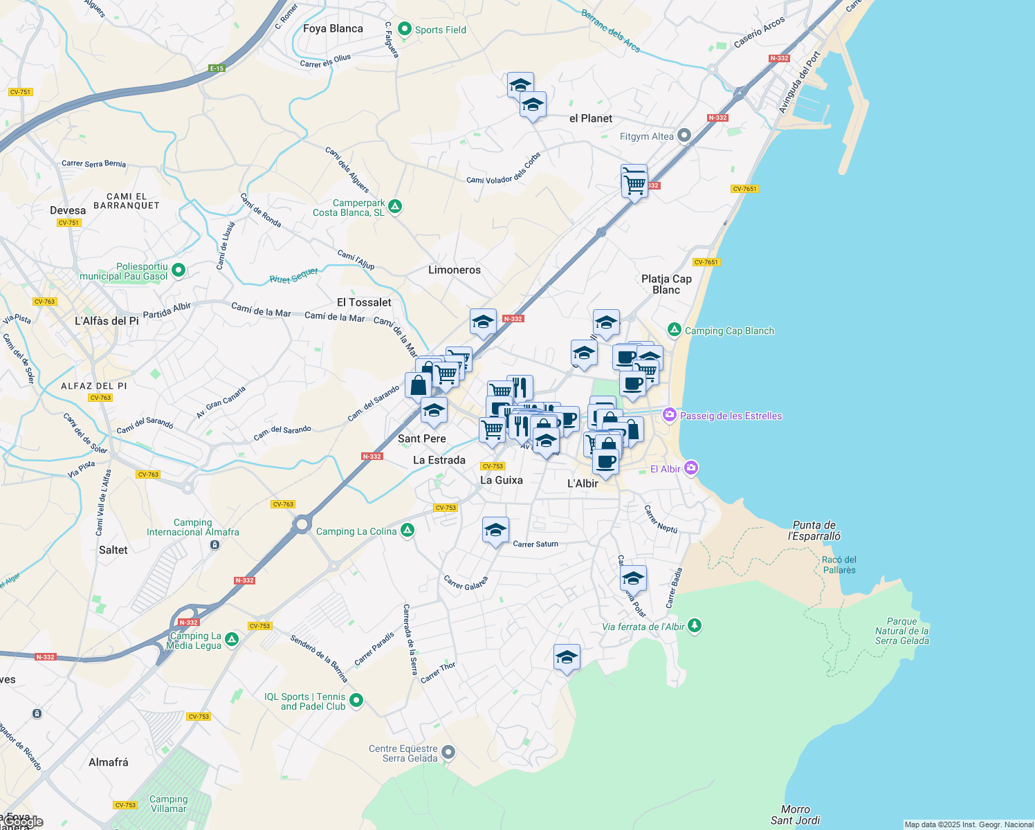 map of restaurants, bars, coffee shops, grocery stores, and more near 64 Camí Vell d'Altea in Núcleo L'Albir