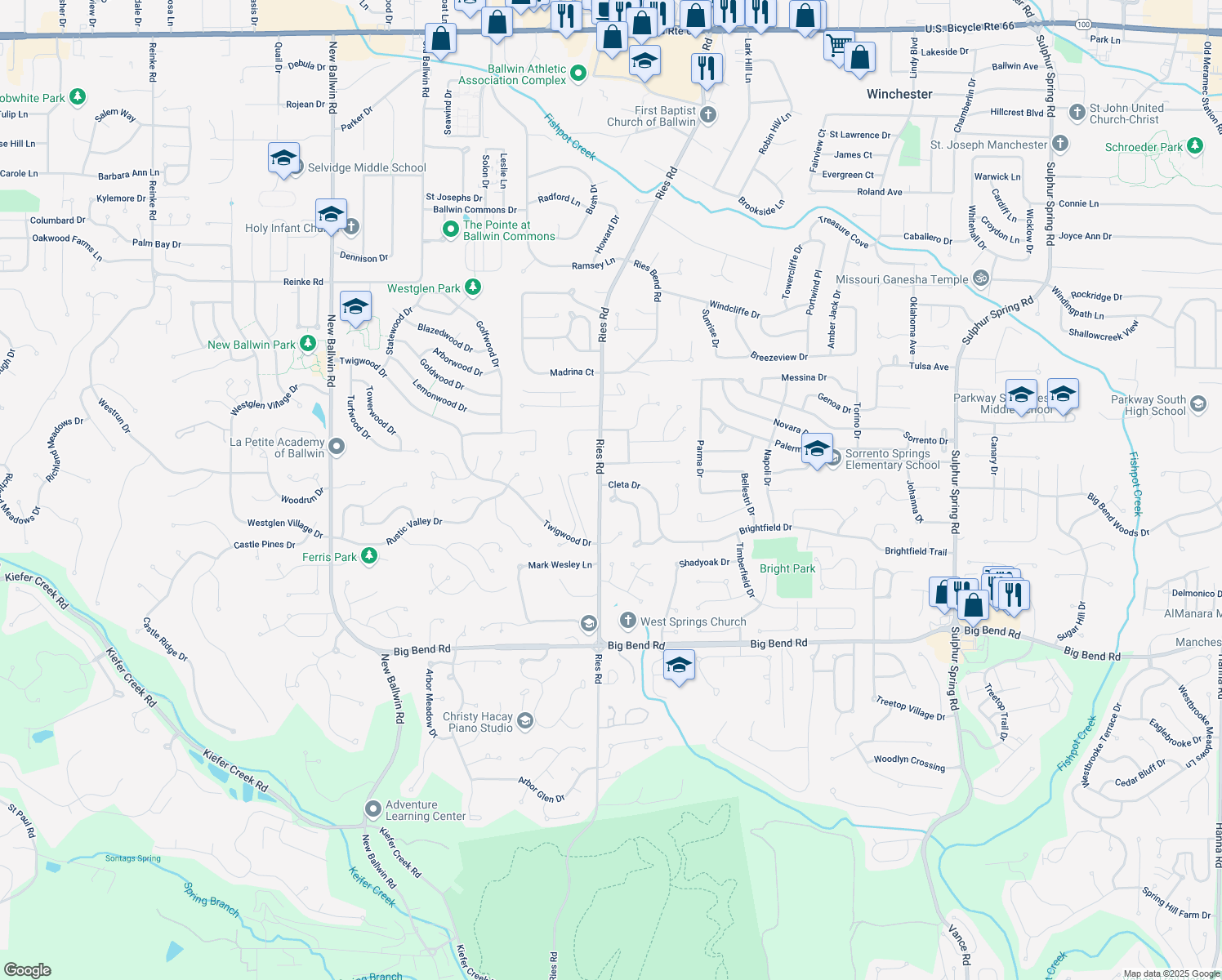 map of restaurants, bars, coffee shops, grocery stores, and more near 903 Cleta Drive in Ballwin