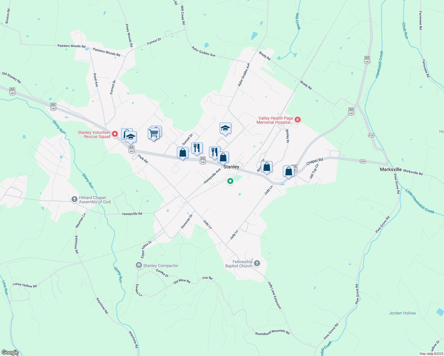 map of restaurants, bars, coffee shops, grocery stores, and more near 120 Karl Jenkins Avenue in Stanley