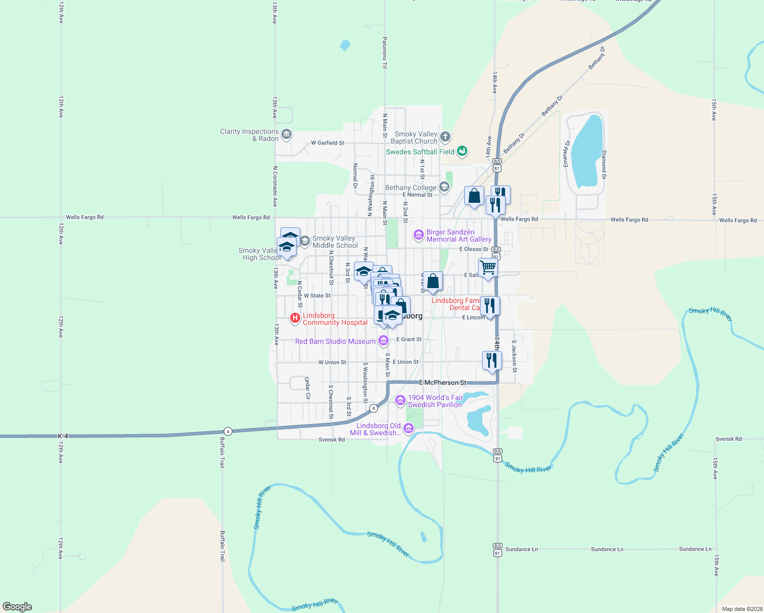 map of restaurants, bars, coffee shops, grocery stores, and more near 119 N Main St in Lindsborg