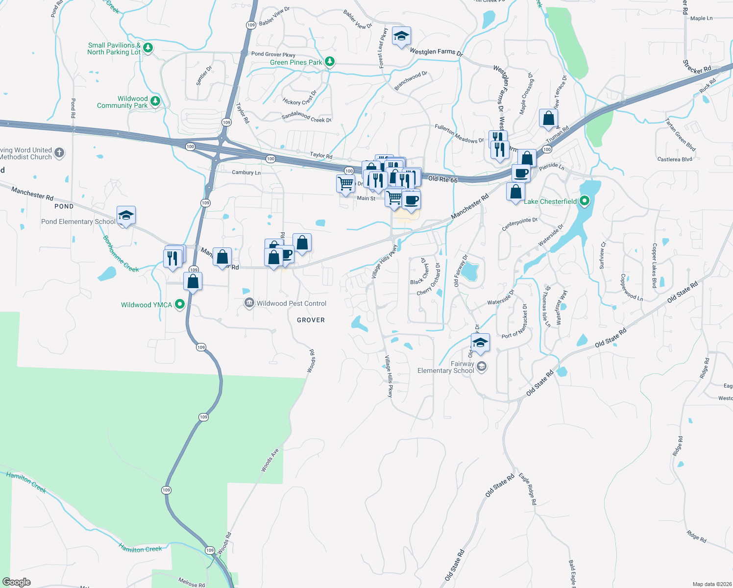 map of restaurants, bars, coffee shops, grocery stores, and more near Victoria Crossing Drive in Wildwood