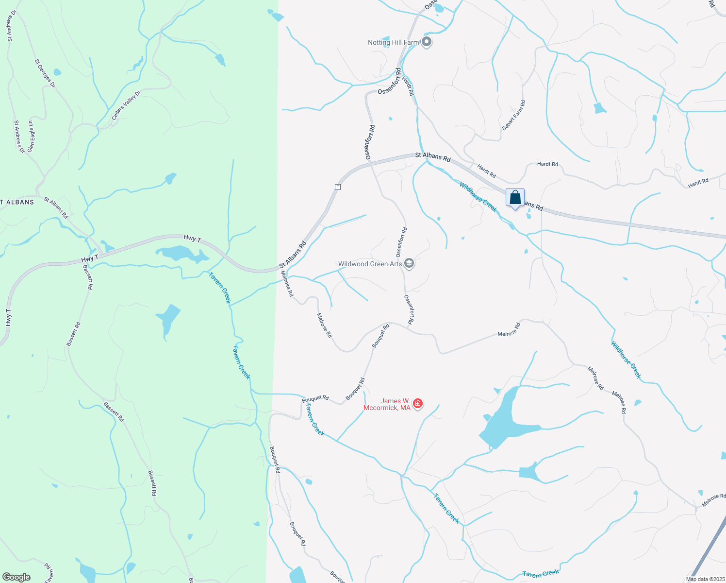 map of restaurants, bars, coffee shops, grocery stores, and more near 19232 Saint Albans Forest Lane in Wildwood