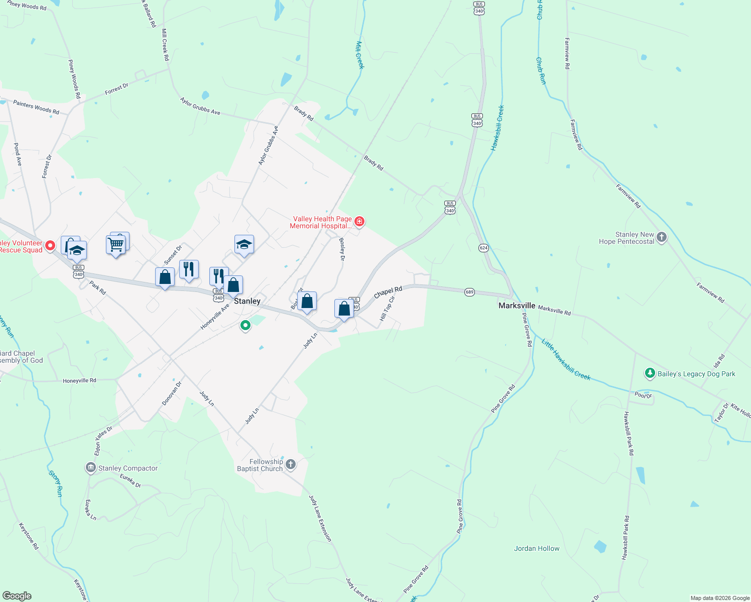 map of restaurants, bars, coffee shops, grocery stores, and more near 229 Chapel Road in Stanley