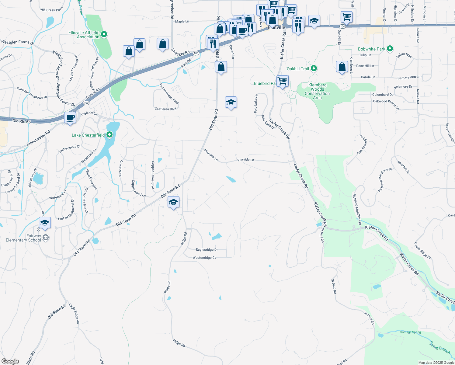 map of restaurants, bars, coffee shops, grocery stores, and more near 500 Autumn Bluff Dr in Ellisville