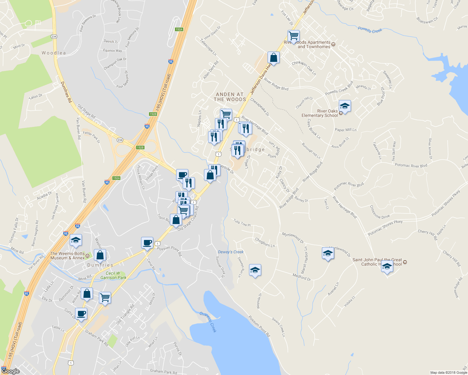 map of restaurants, bars, coffee shops, grocery stores, and more near 3294 Mountain Laurel Loop in Dumfries