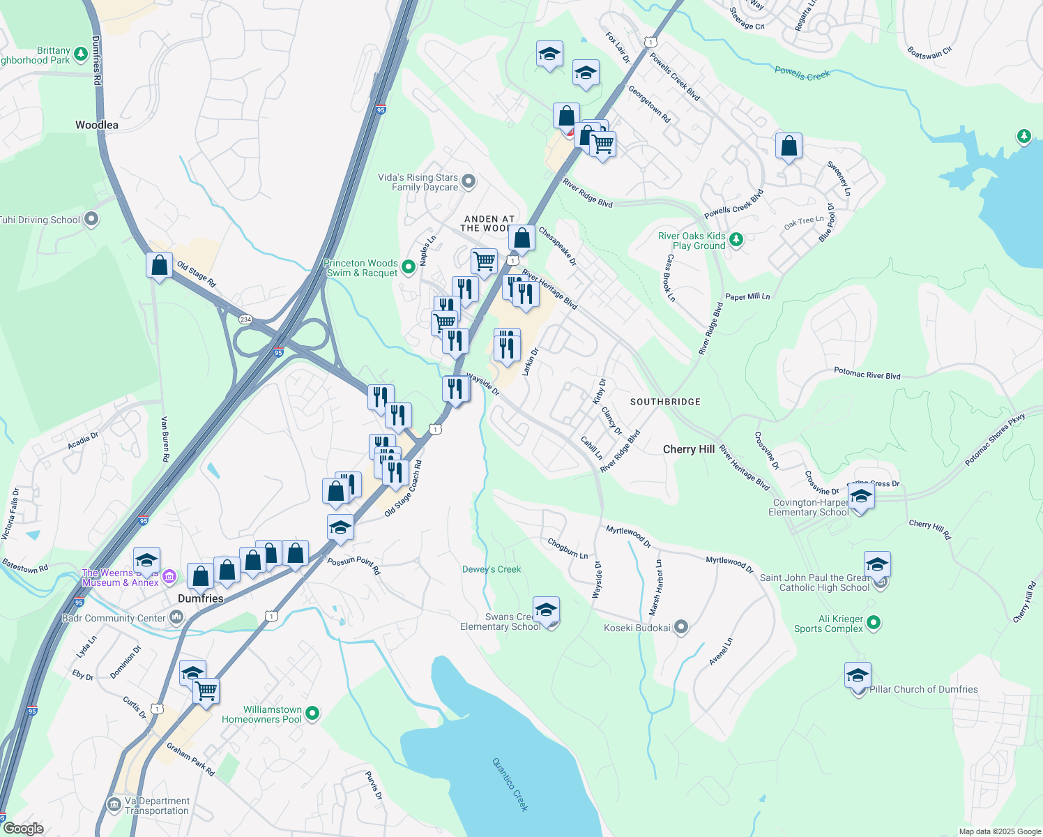 map of restaurants, bars, coffee shops, grocery stores, and more near 3213 Mountain Laurel Loop in Dumfries