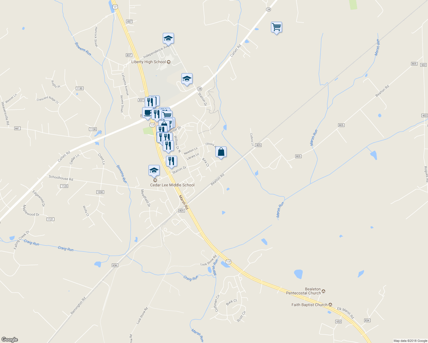 map of restaurants, bars, coffee shops, grocery stores, and more near 11135 Kira Court in Bealeton