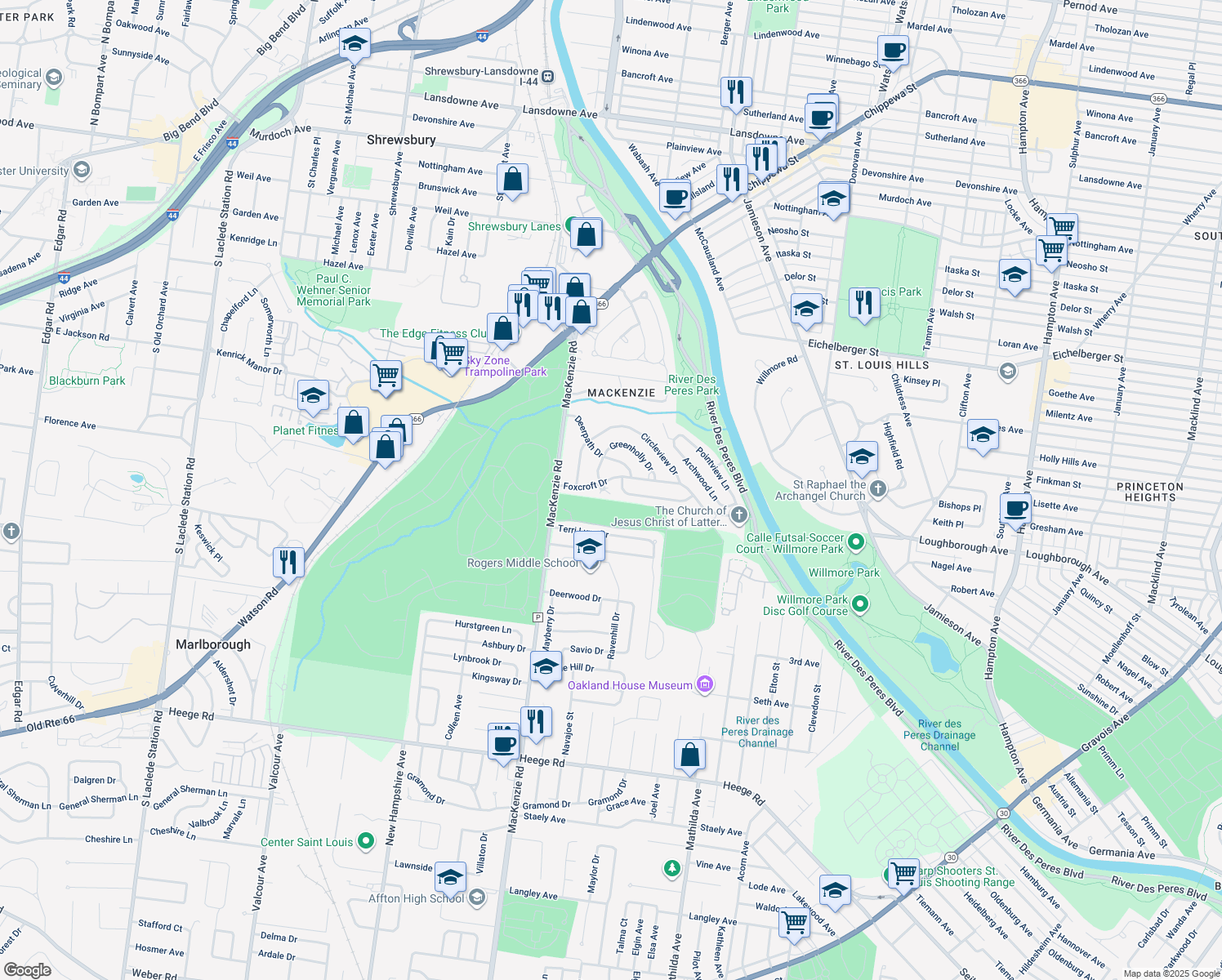 map of restaurants, bars, coffee shops, grocery stores, and more near 7022 Foxcroft Drive in St. Louis