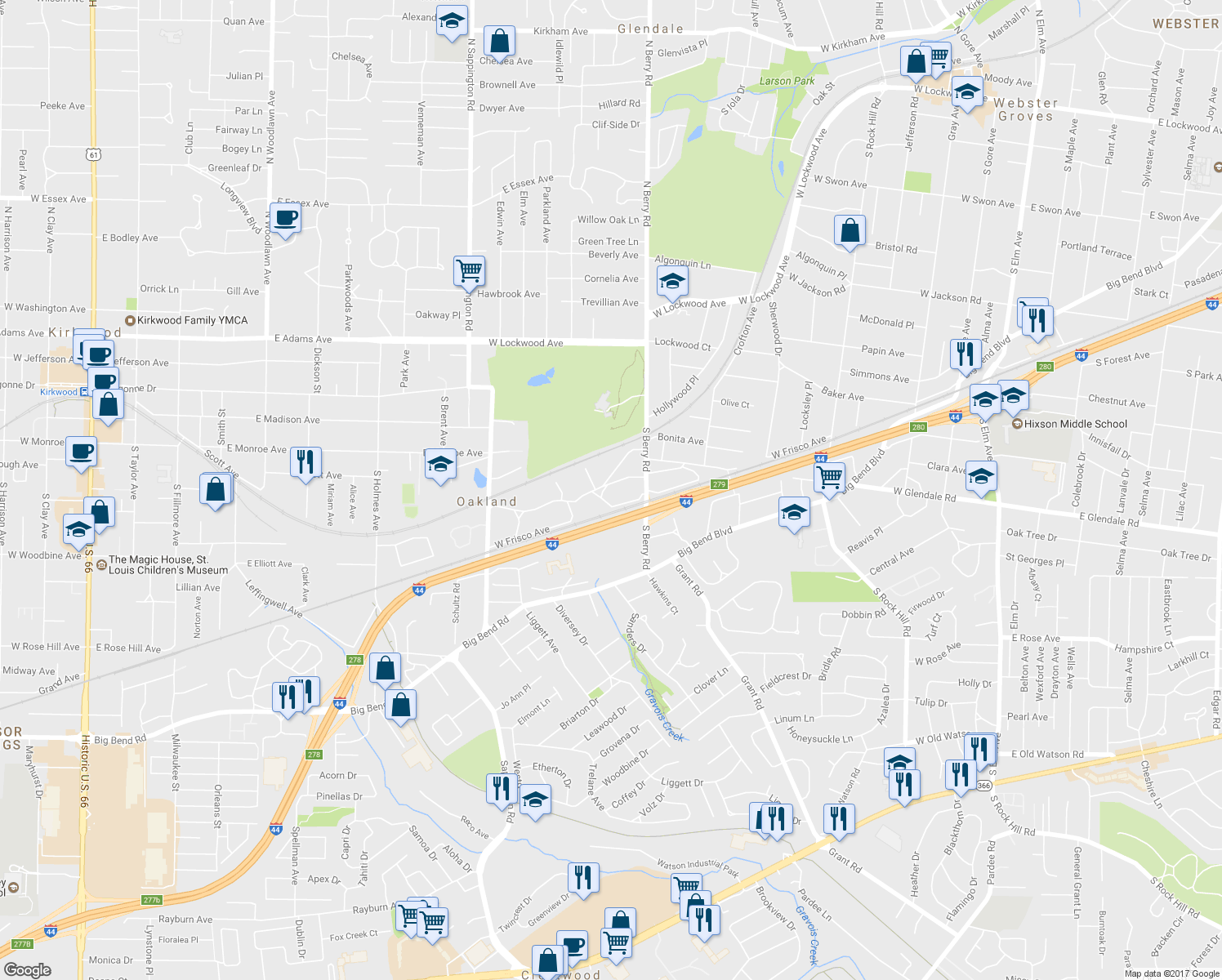 map of restaurants, bars, coffee shops, grocery stores, and more near 722 Oakland Avenue in St. Louis