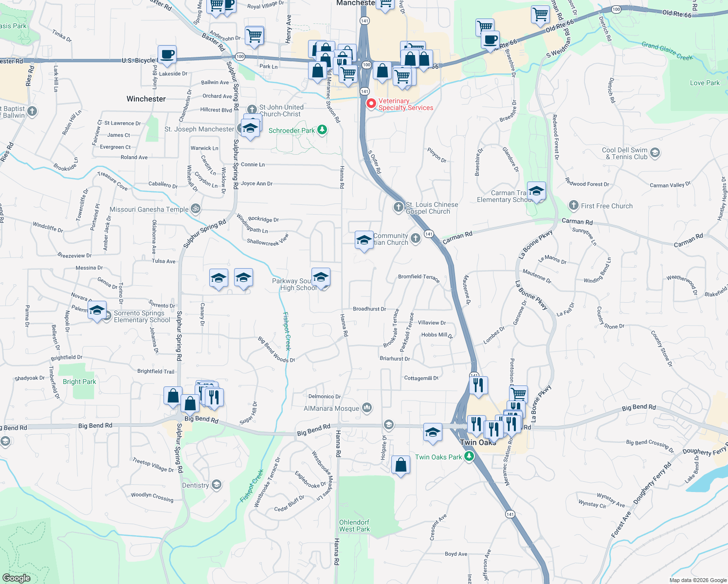map of restaurants, bars, coffee shops, grocery stores, and more near 907 Kammerly Terrace in Ballwin